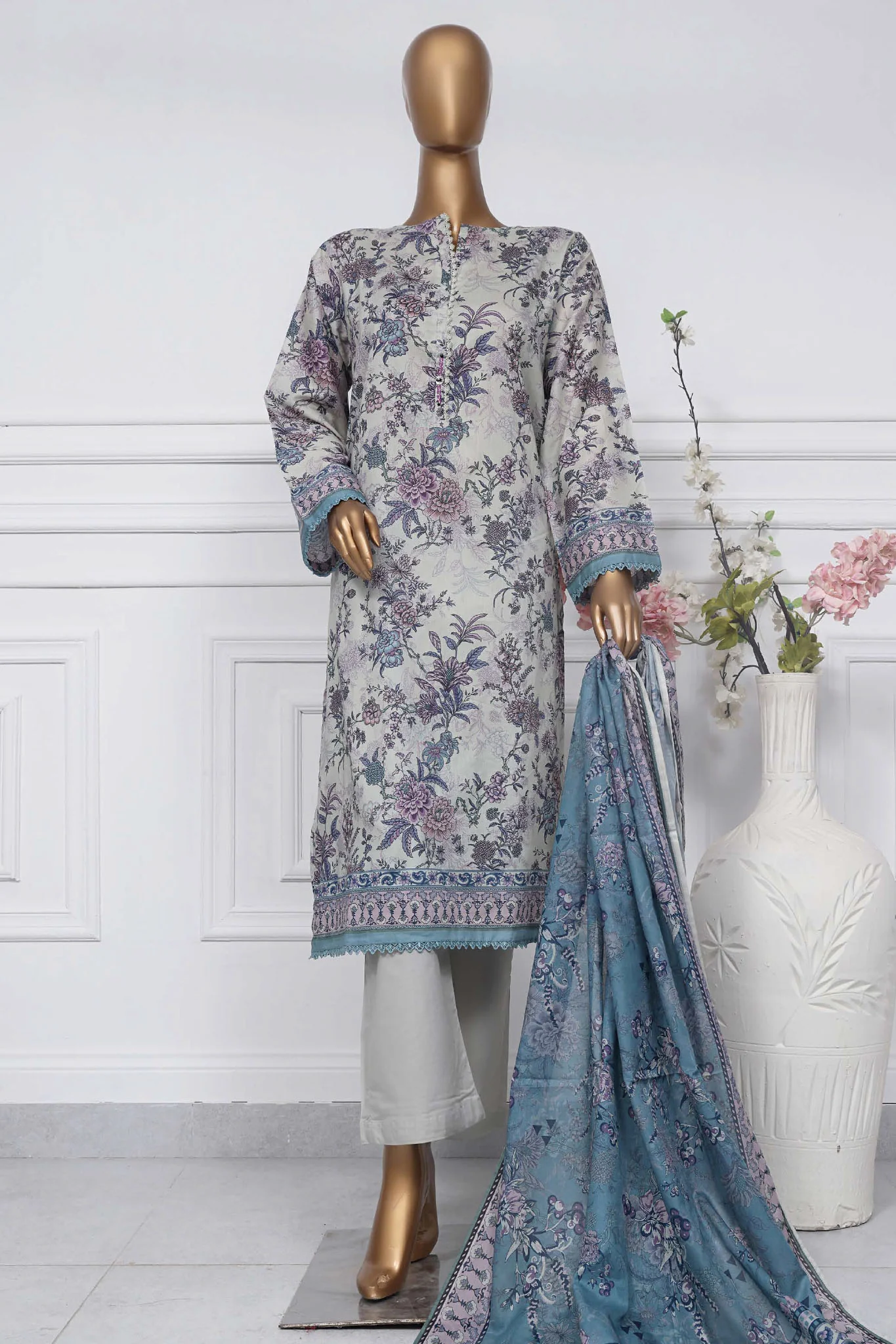 Sada Bahar Stitched 3 Piece Printed Lawn Vol-01 Suit-PR-9847-Grey