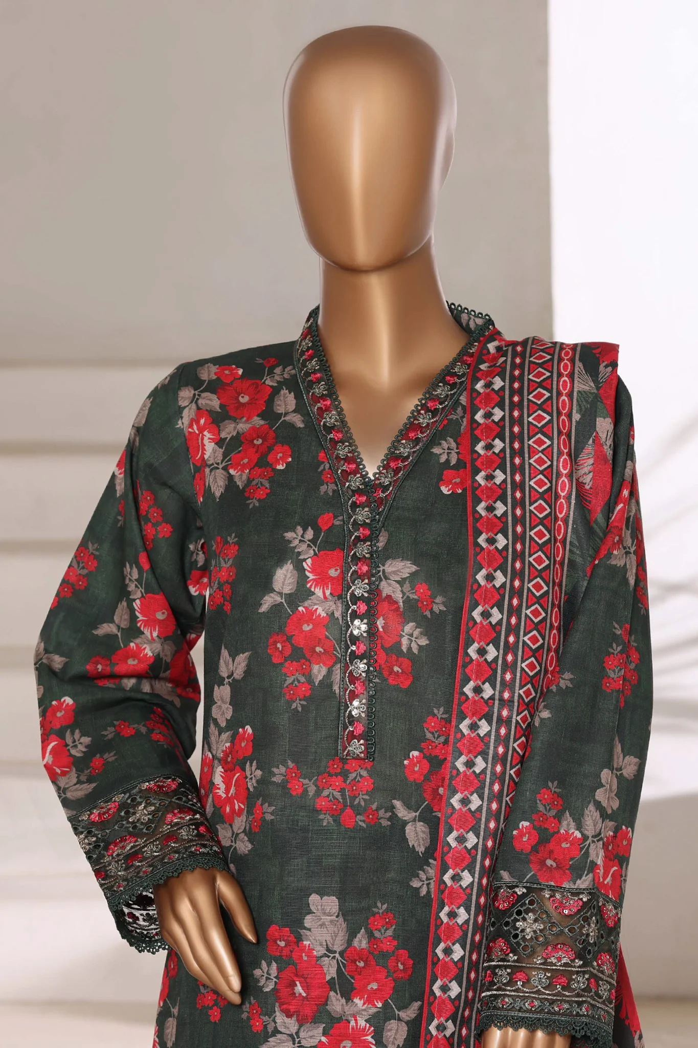 Malika By Sada Bahar Stitched 3 Piece Cutwork Khaddar Vol-01 Suit-5757-Mehndi - Image 2