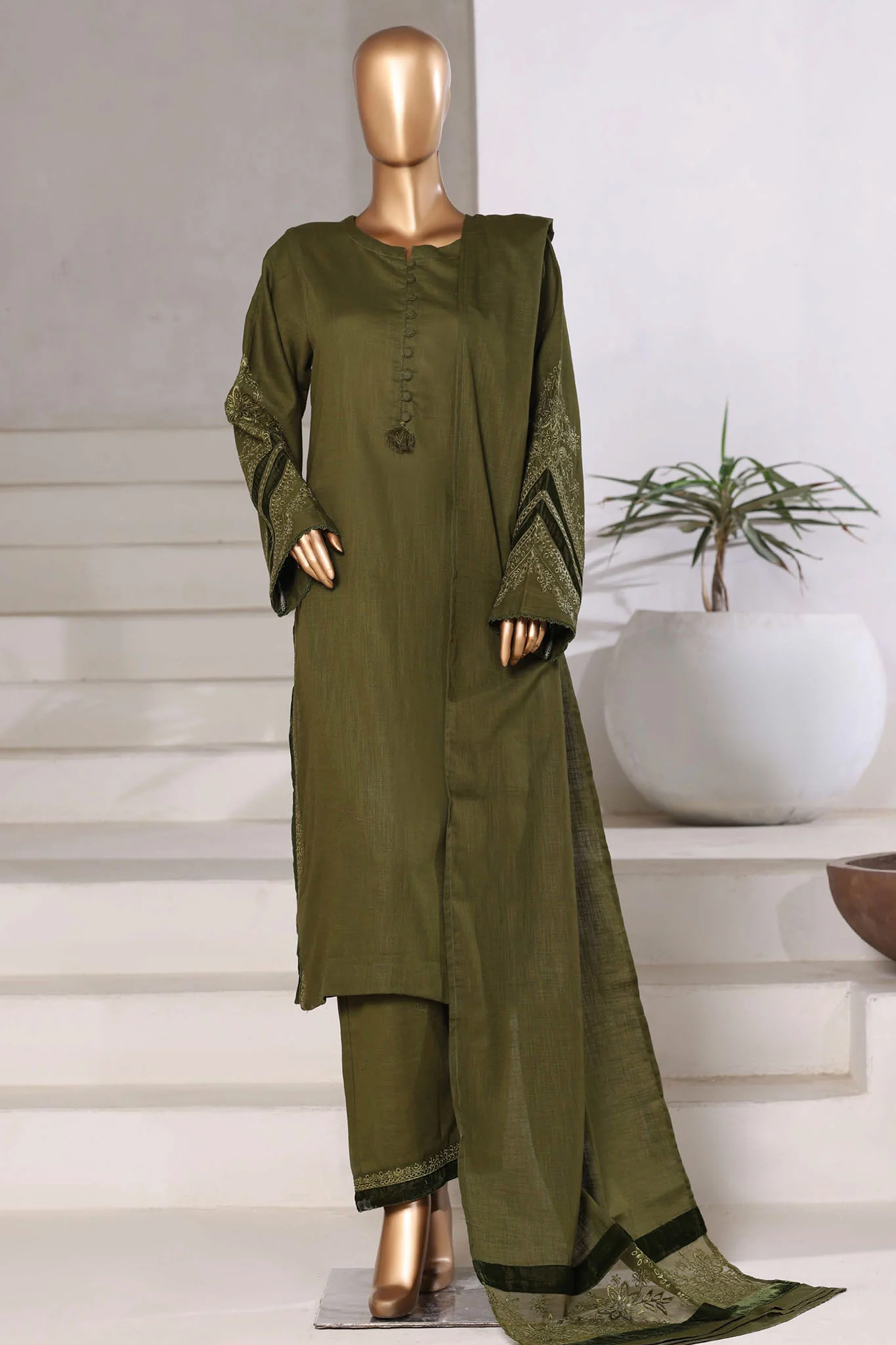 Sada Bahar Stitched 3 Piece Premium Cross Texture With Velvet Suit-PWV-252-Mehndi