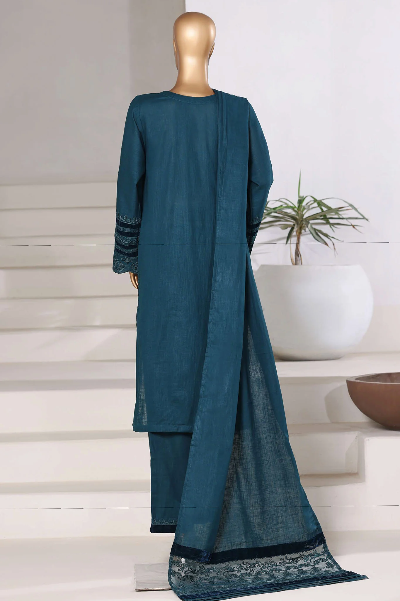 Sada Bahar Stitched 3 Piece Premium Cross Texture With Velvet Suit-PWV-254-Sea Green - Image 3