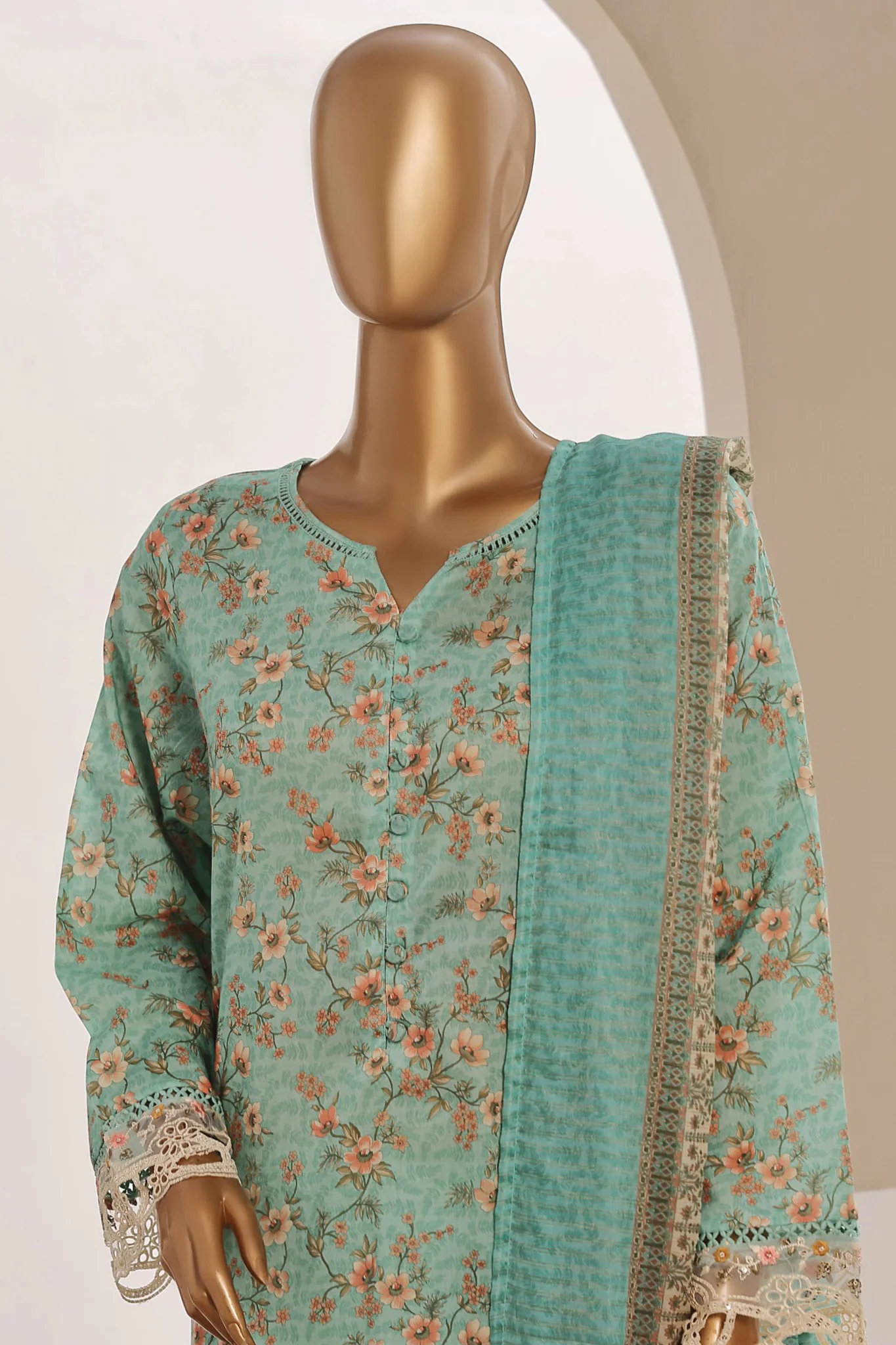 Sada Bahar Stitched 3 Piece Cutwork Emb Lawn Vol-04 Suit-CW-2044-Ferozi - Image 2