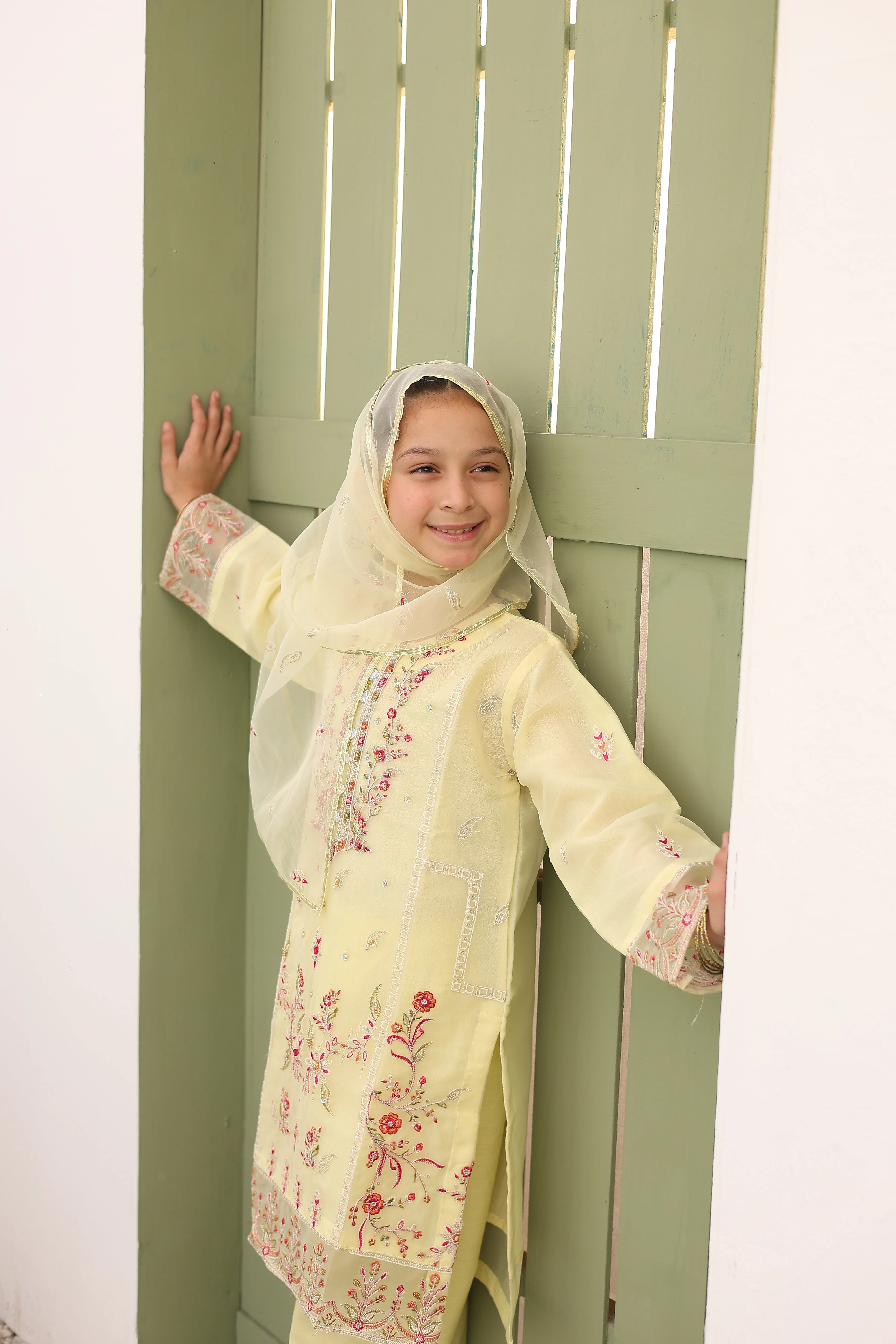 Saheli By Suntex Stitched 3 Piece Eid Kids Formals Suit-2630-Pale Yellow - Image 2
