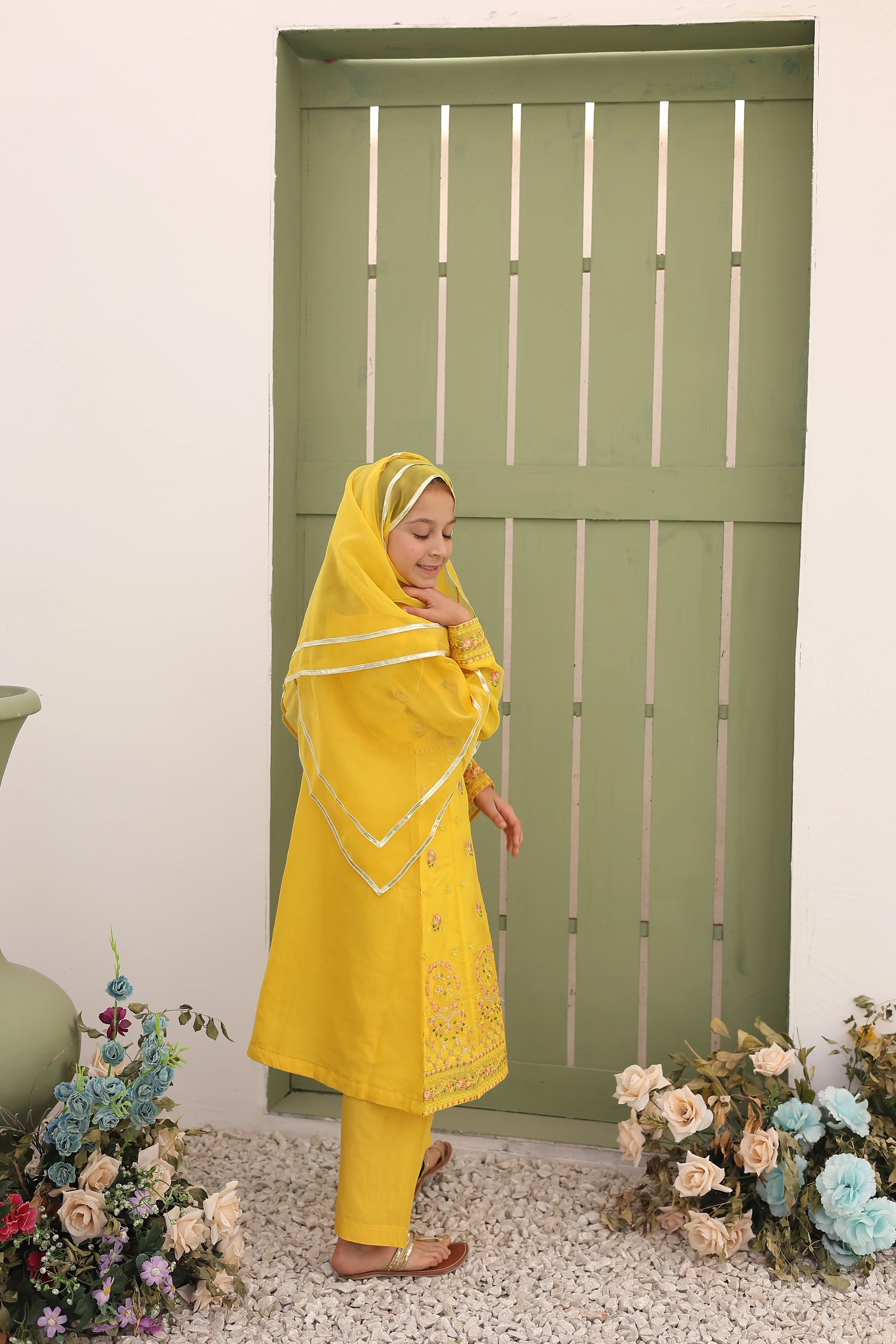 Saheli By Suntex Stitched 3 Piece Eid Kids Formals Suit-2634-Yellow - Image 3