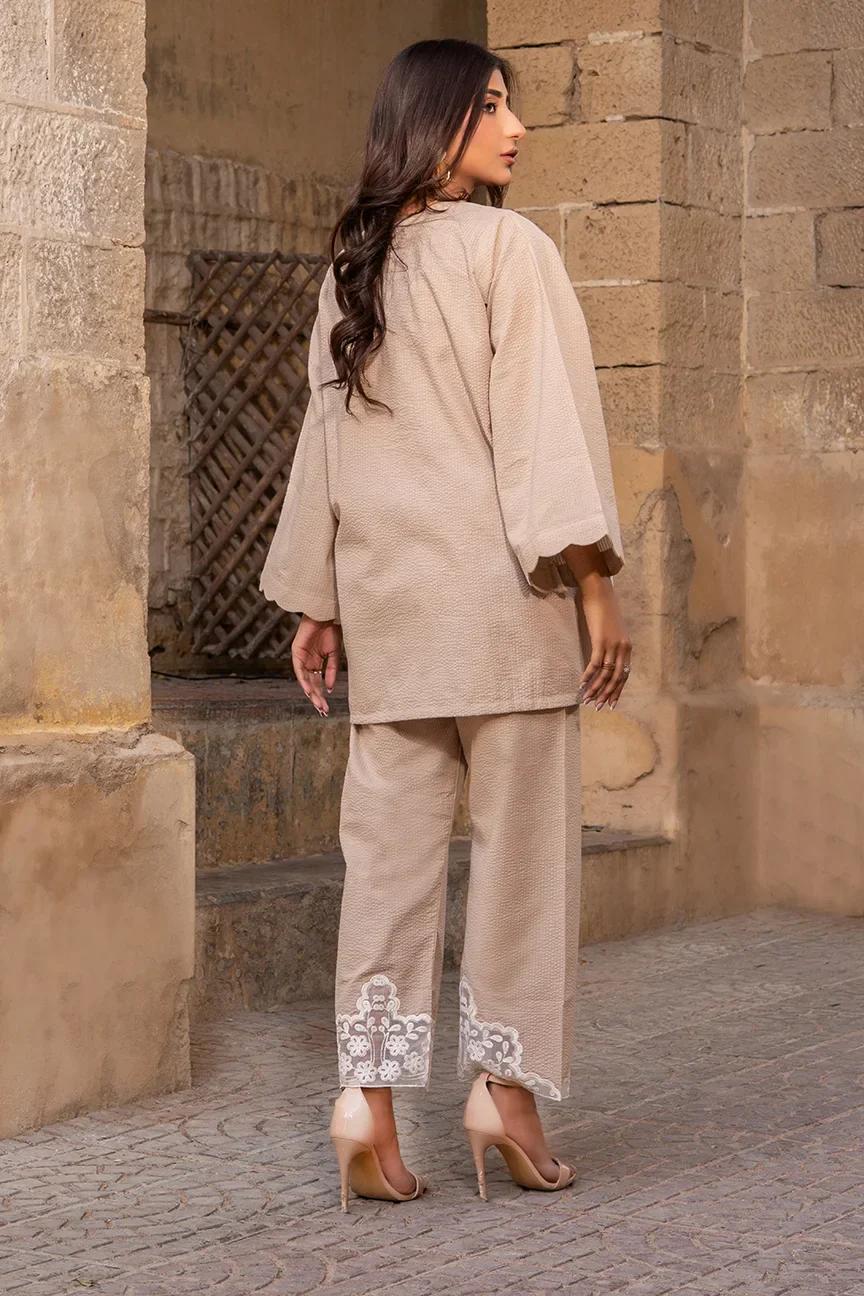 Dhaga Stitched 2 Piece Summer Suit-Scaloppy Beige - Image 3