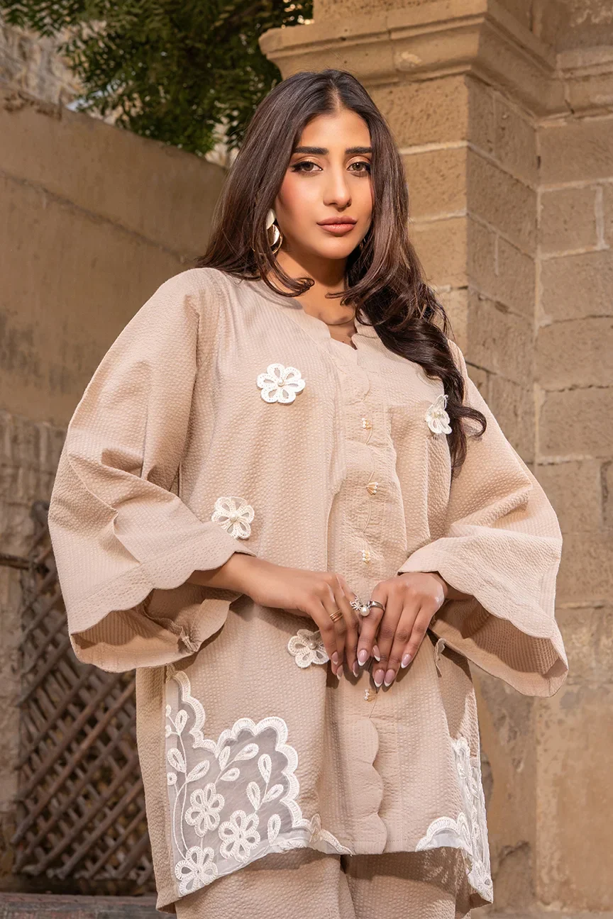 Dhaga Stitched 2 Piece Summer Suit-Scaloppy Beige - Image 5