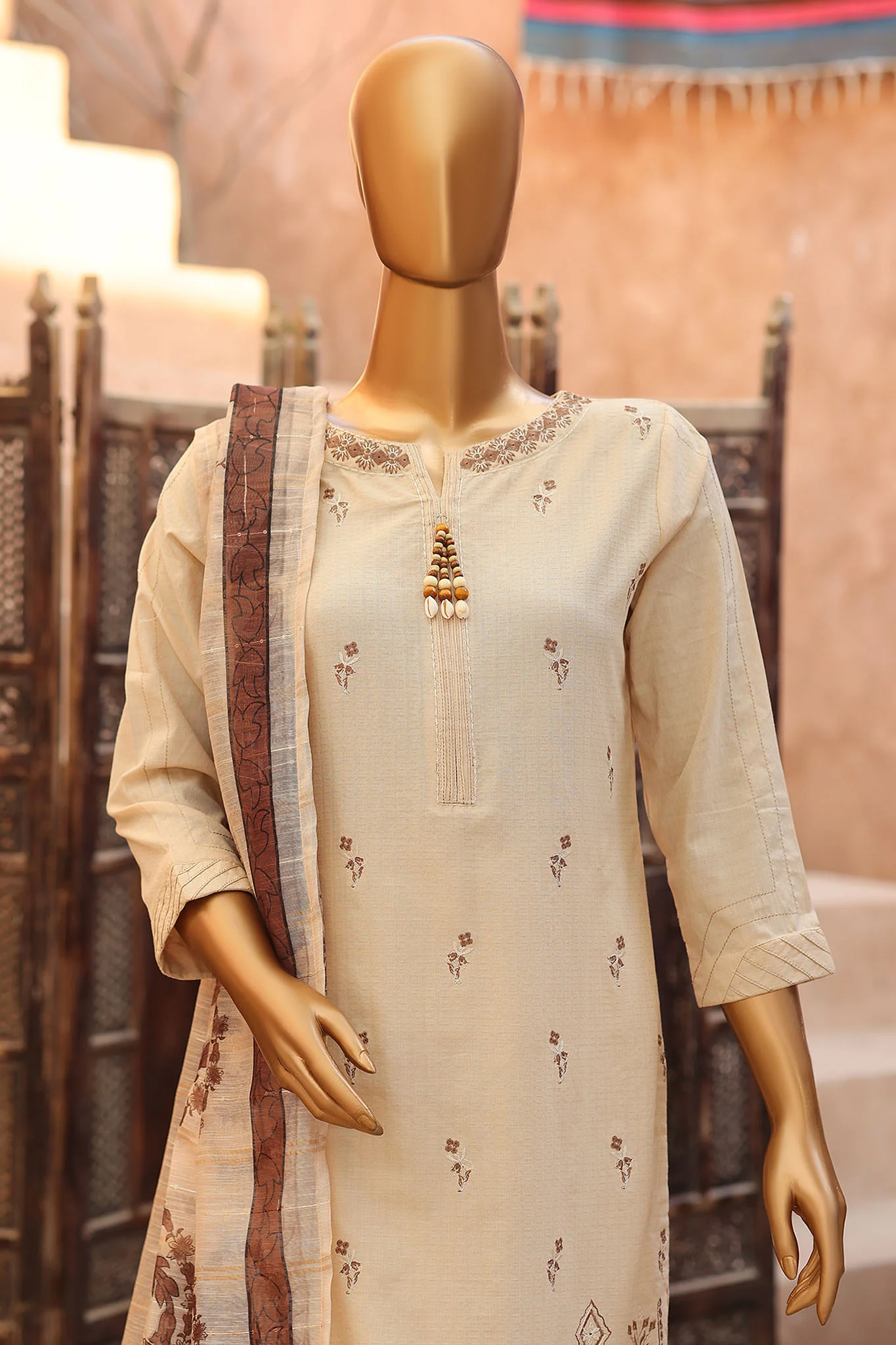Sumi Stitched 3 Piece Self Cotton Jacquard Festive Suit-SCJ-03-Off White - Image 2