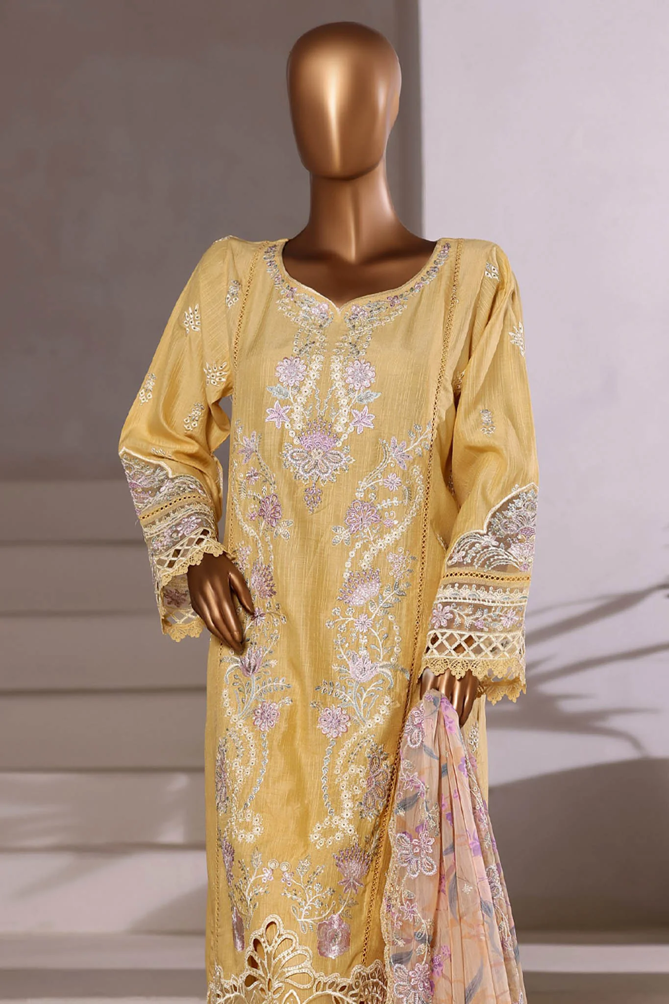 Sada Bahar Stitched 3 Piece Luxury Viscose Winter Vol-01 Suit-LEV-254-Yellow - Image 2