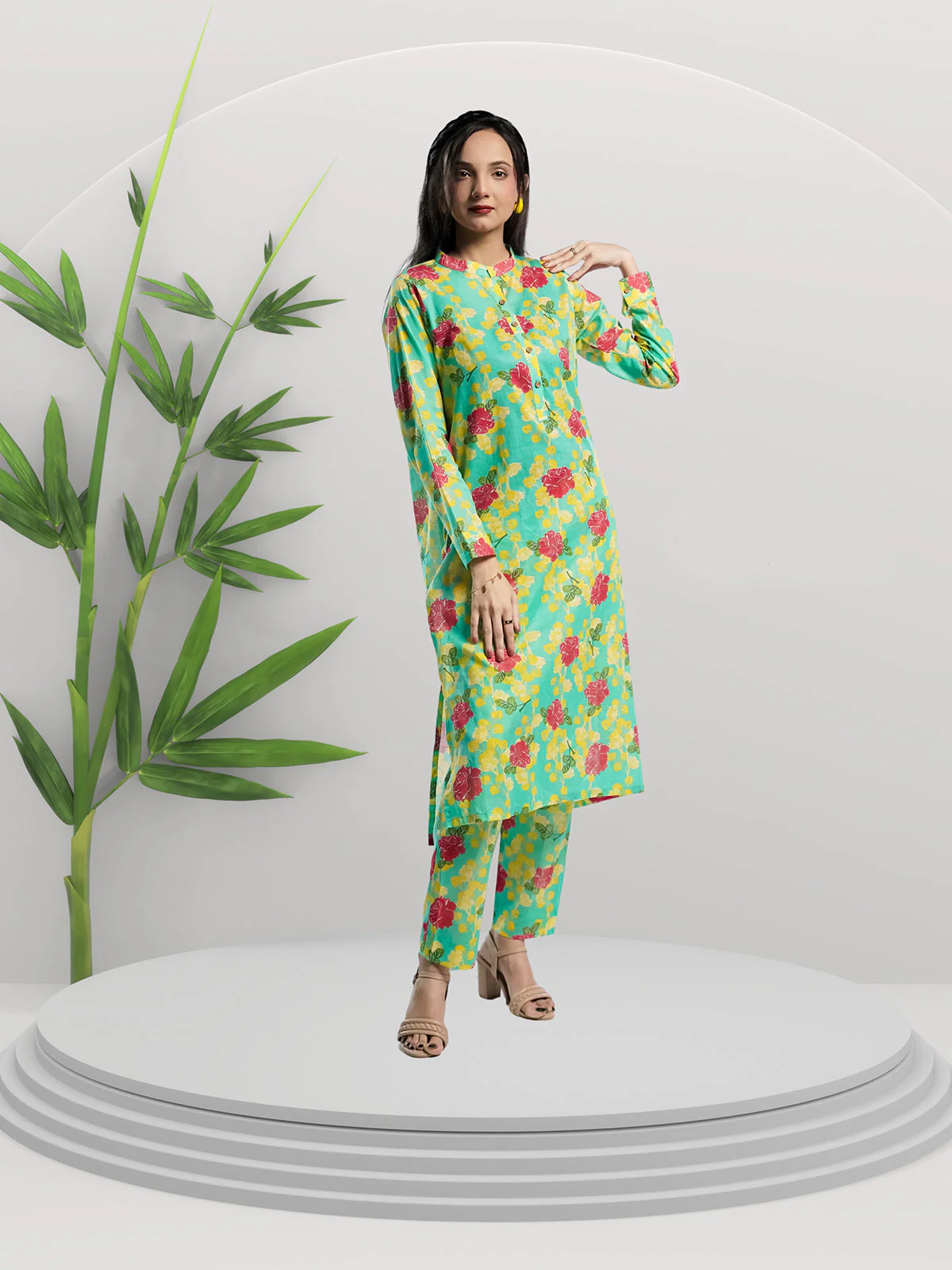 Ahlam Soft Cambric Stitched-Seafoam Co-ord Set Suit - Image 3
