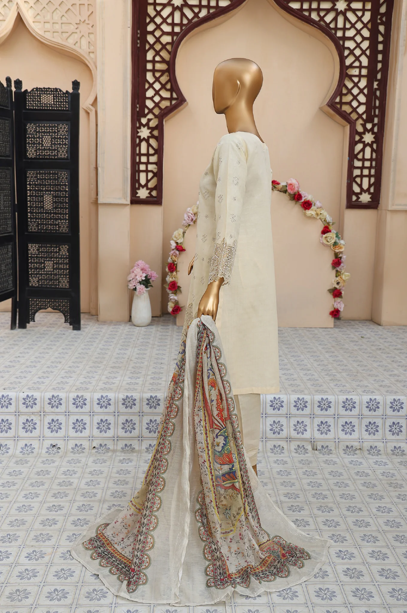 Sumi Stitched 3 Piece Emb Stiff Cotton Suit-SEC-08-Off White - Image 3