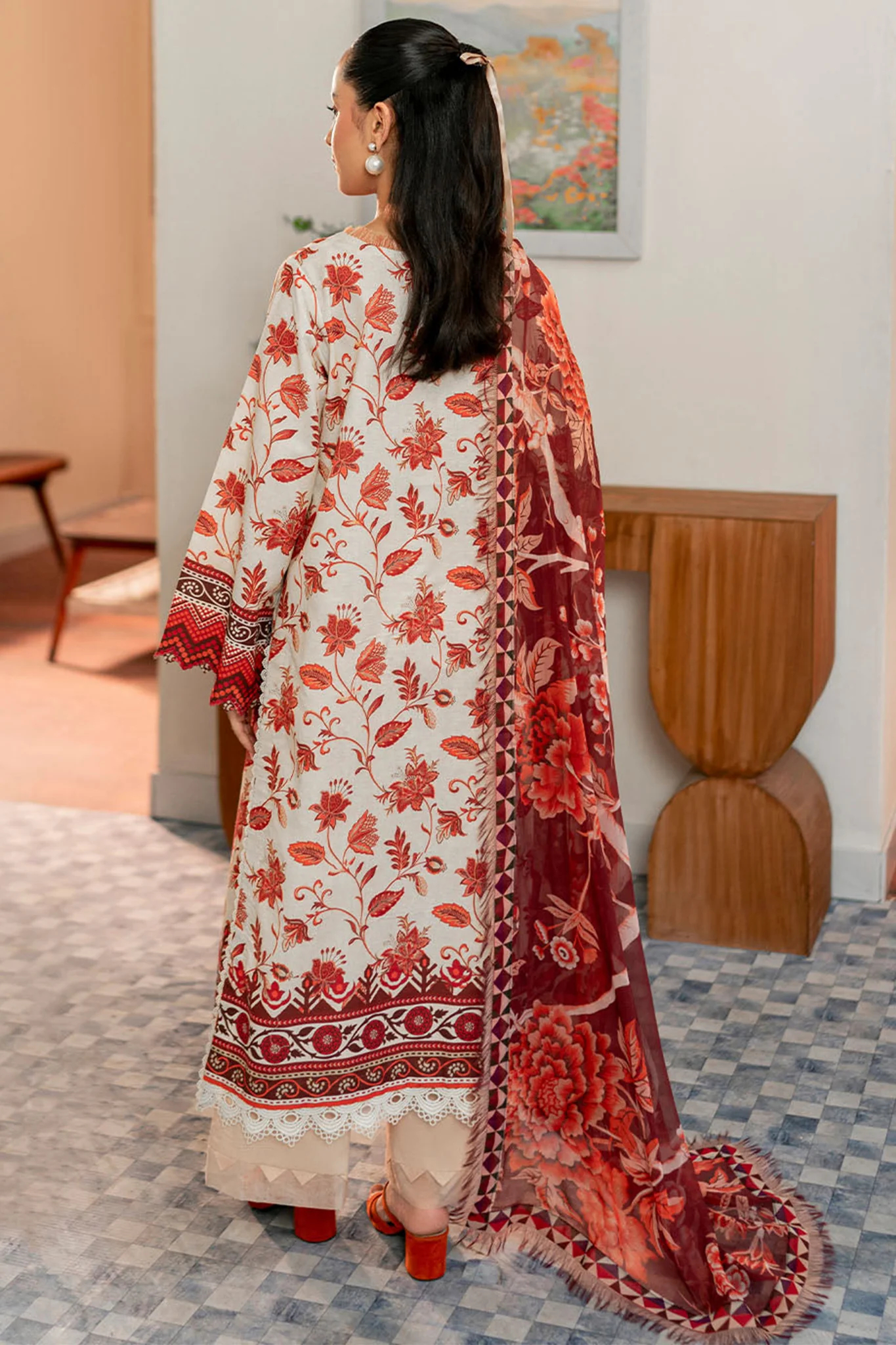 Selene By Roheenaz Unstitched 3 Piece Printed Cambric Fall Suit-RNP-03-A-Russet - Image 3