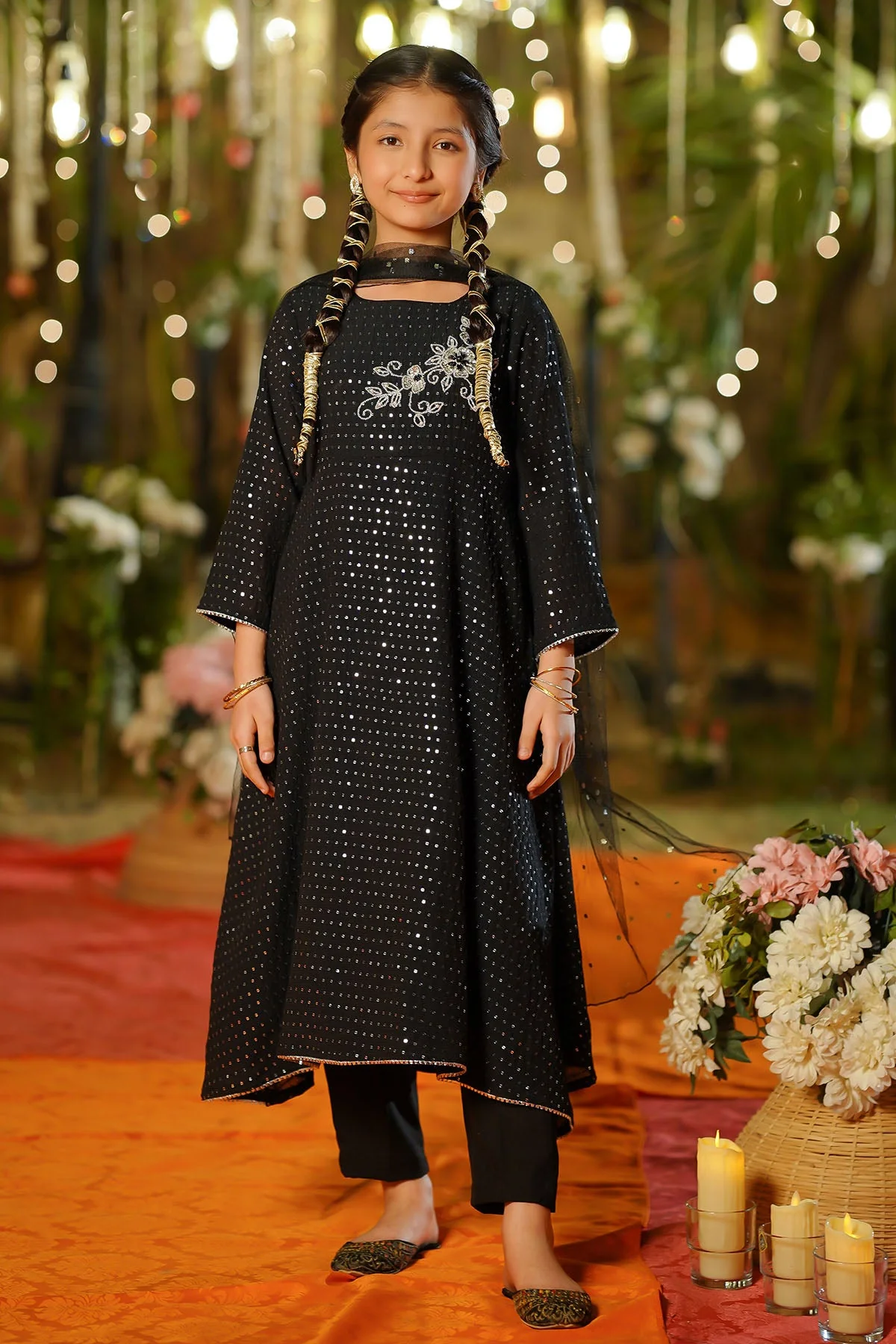 Ochre Clothing Girls Full Suits Sequence Net Hand Adda Work 3 Pc Suit