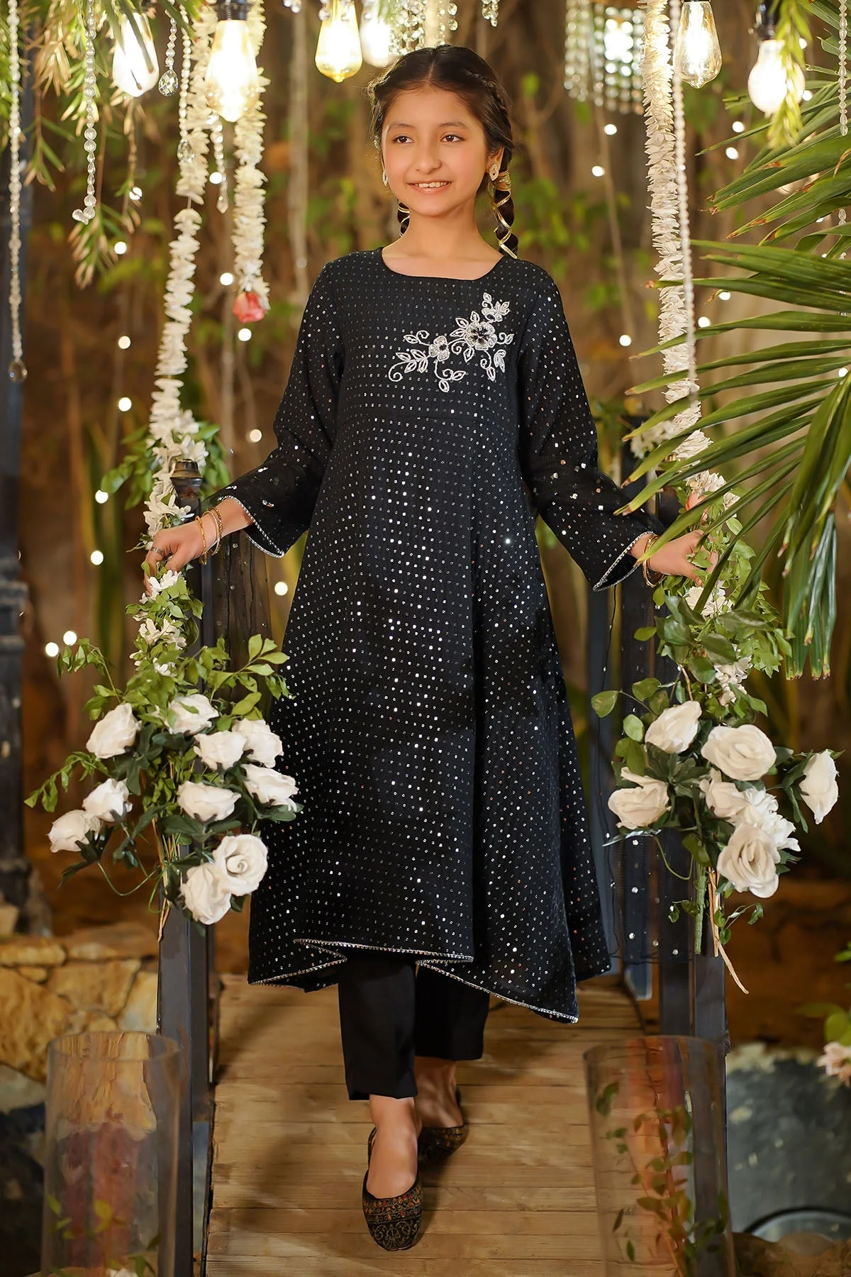 Ochre Clothing Girls Full Suits Sequence Net Hand Adda Work 3 Pc Suit - Image 3