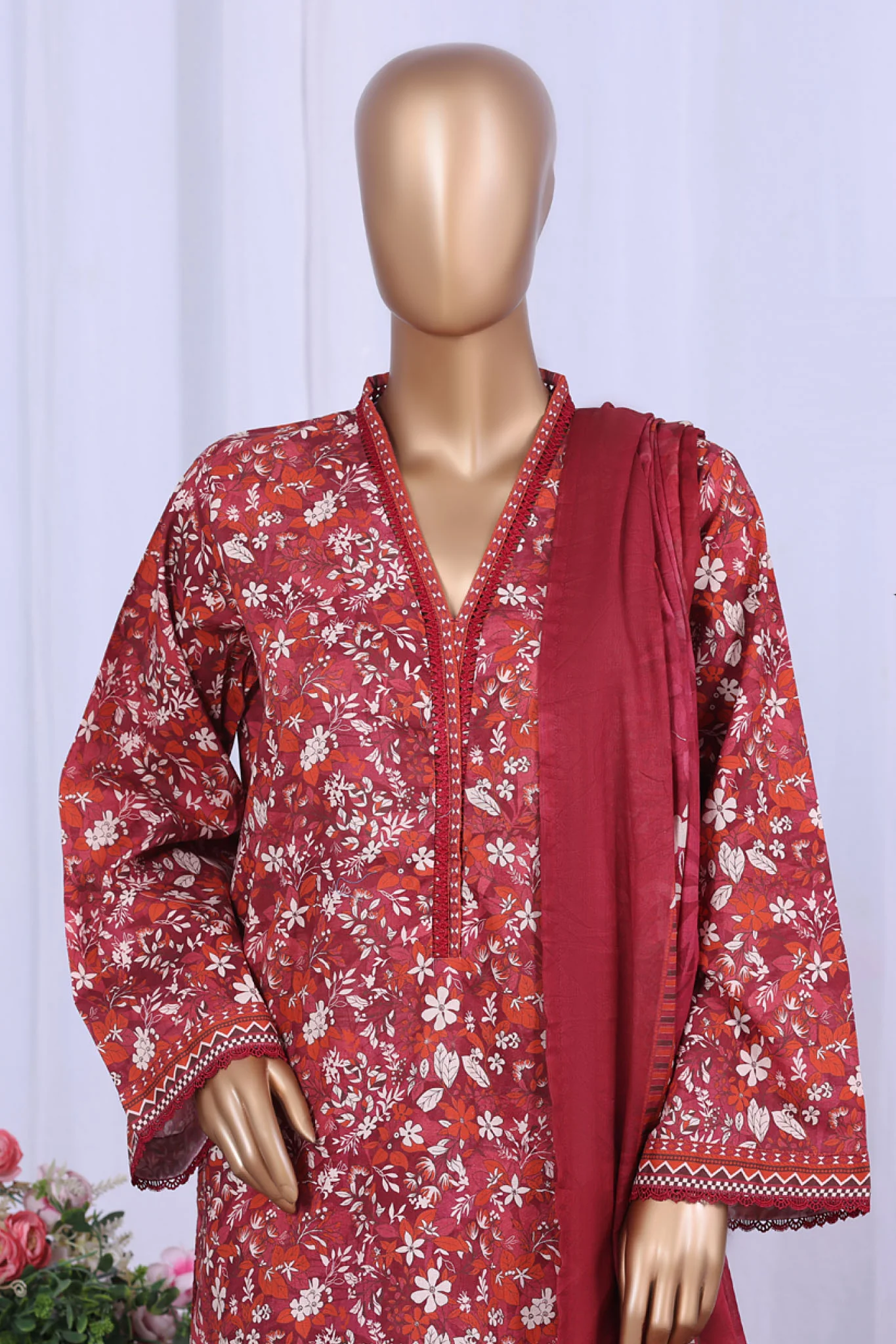 Bin Saeed Stitched 3 Piece Printed Cotton Vol-05 Suit-WC-2508-Maroon - Image 2
