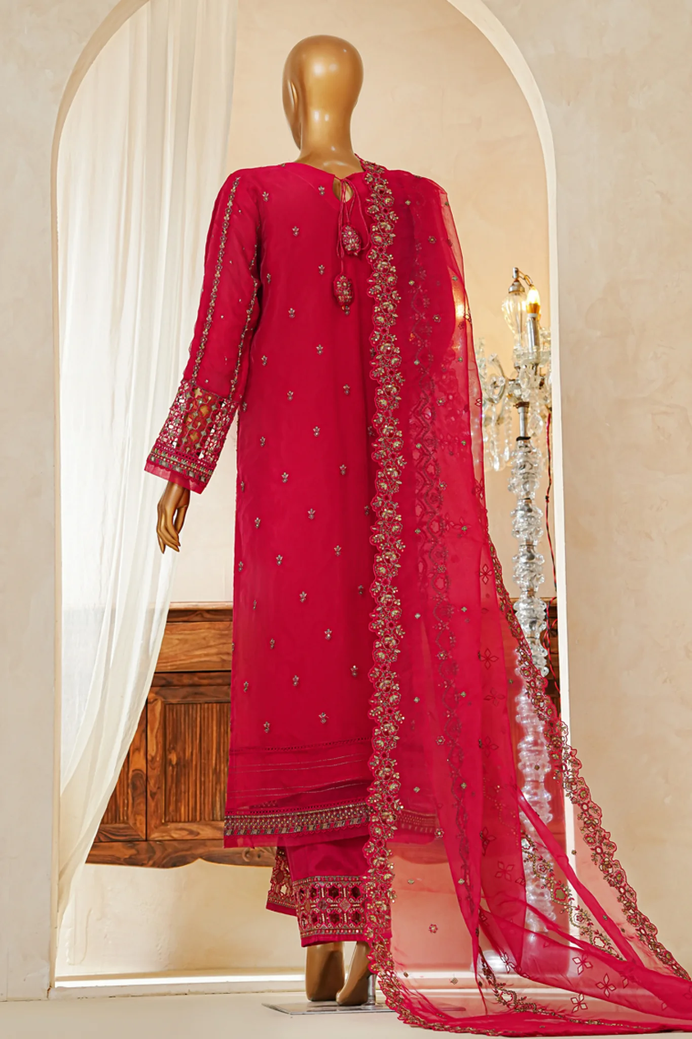 Shaadmaani By HZ Stitched 3 Piece Luxury Formals Suit-HZK-215-Shocking Pink - Image 3
