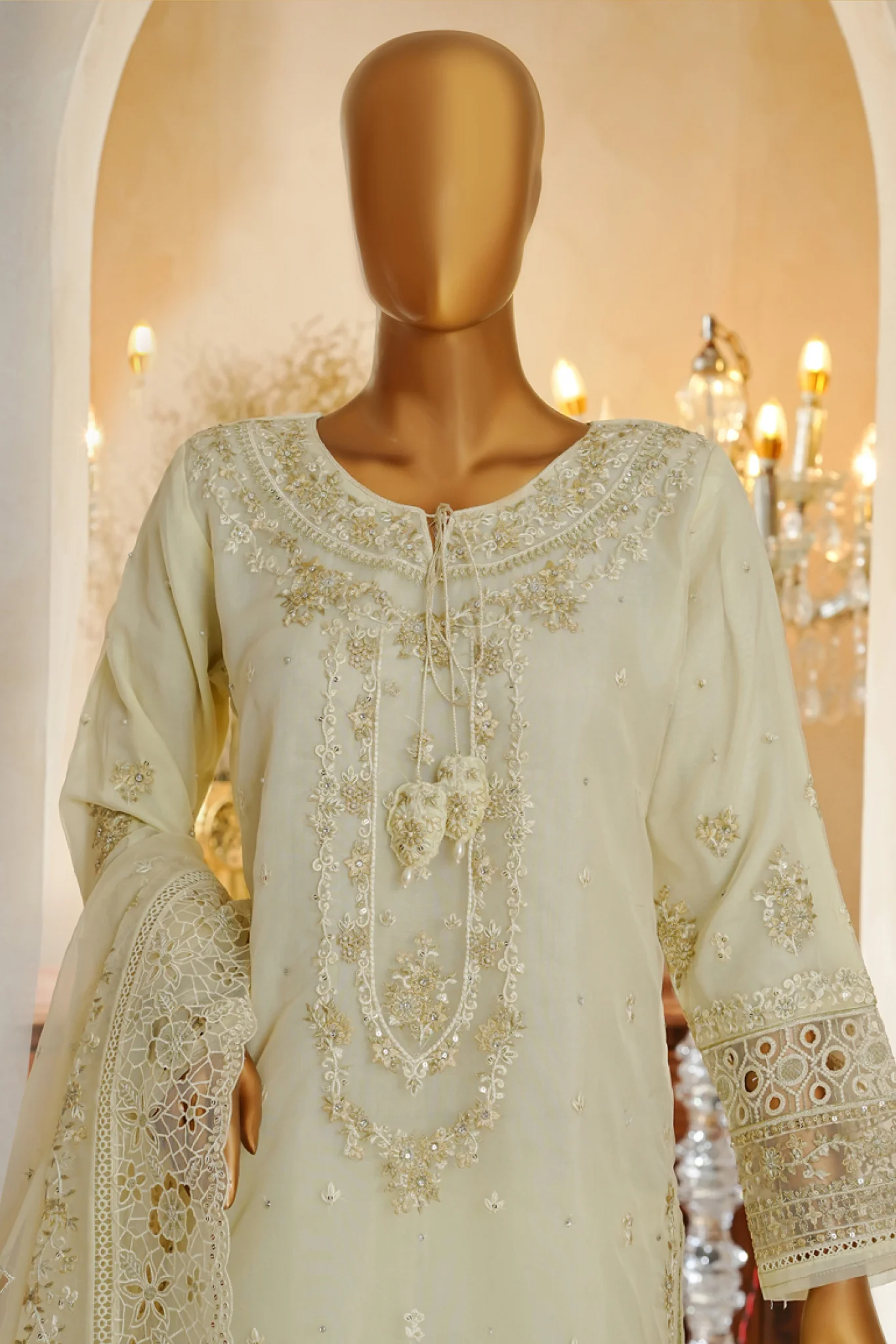 Shaadmaani By HZ Stitched 3 Piece Luxury Formals Suit-HZK-217-Cream Butter - Image 2