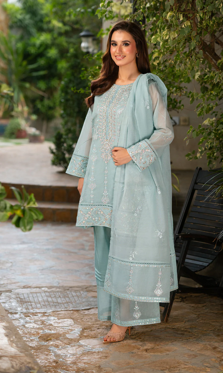 Shamooz Stitched 3 Piece Formals Suit-Ice Blue SE-033 - Image 3