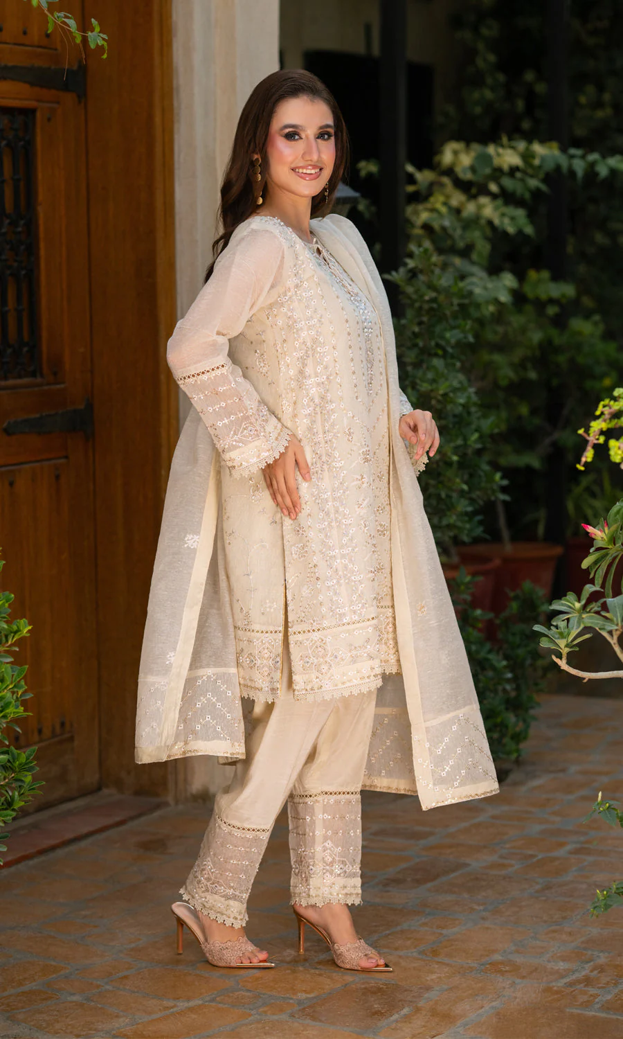 Shamooz Stitched 3 Piece Formals Suit-Light Fawn SE-021 - Image 4