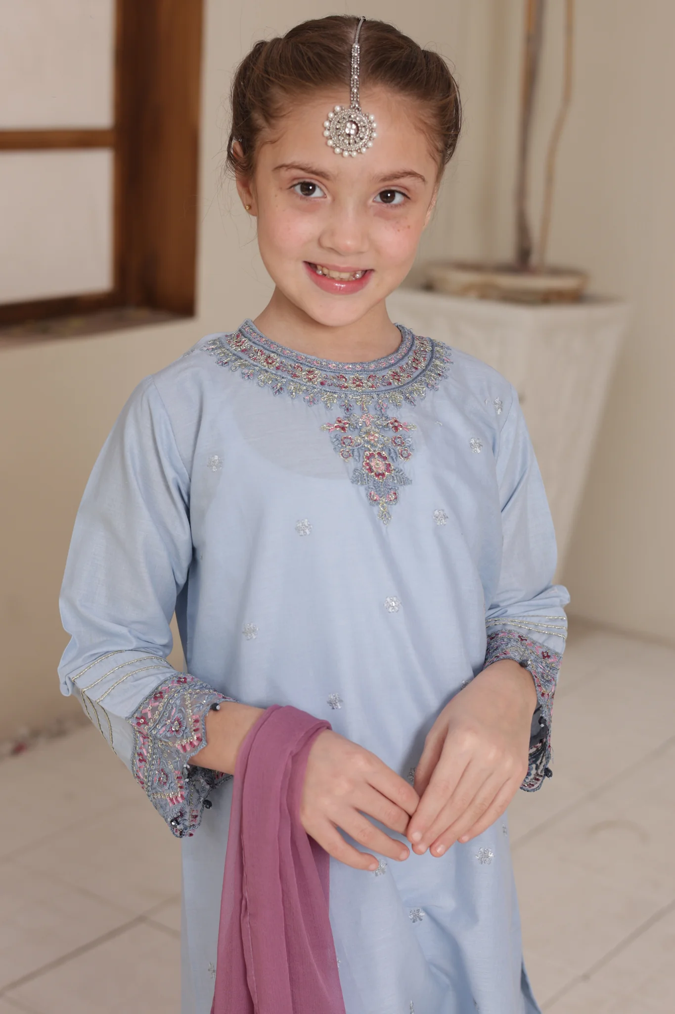 Nat Khat Guriya By Shanzey Stitched 3 Piece Cotton Suit-SHK-5605-Sky - Image 2