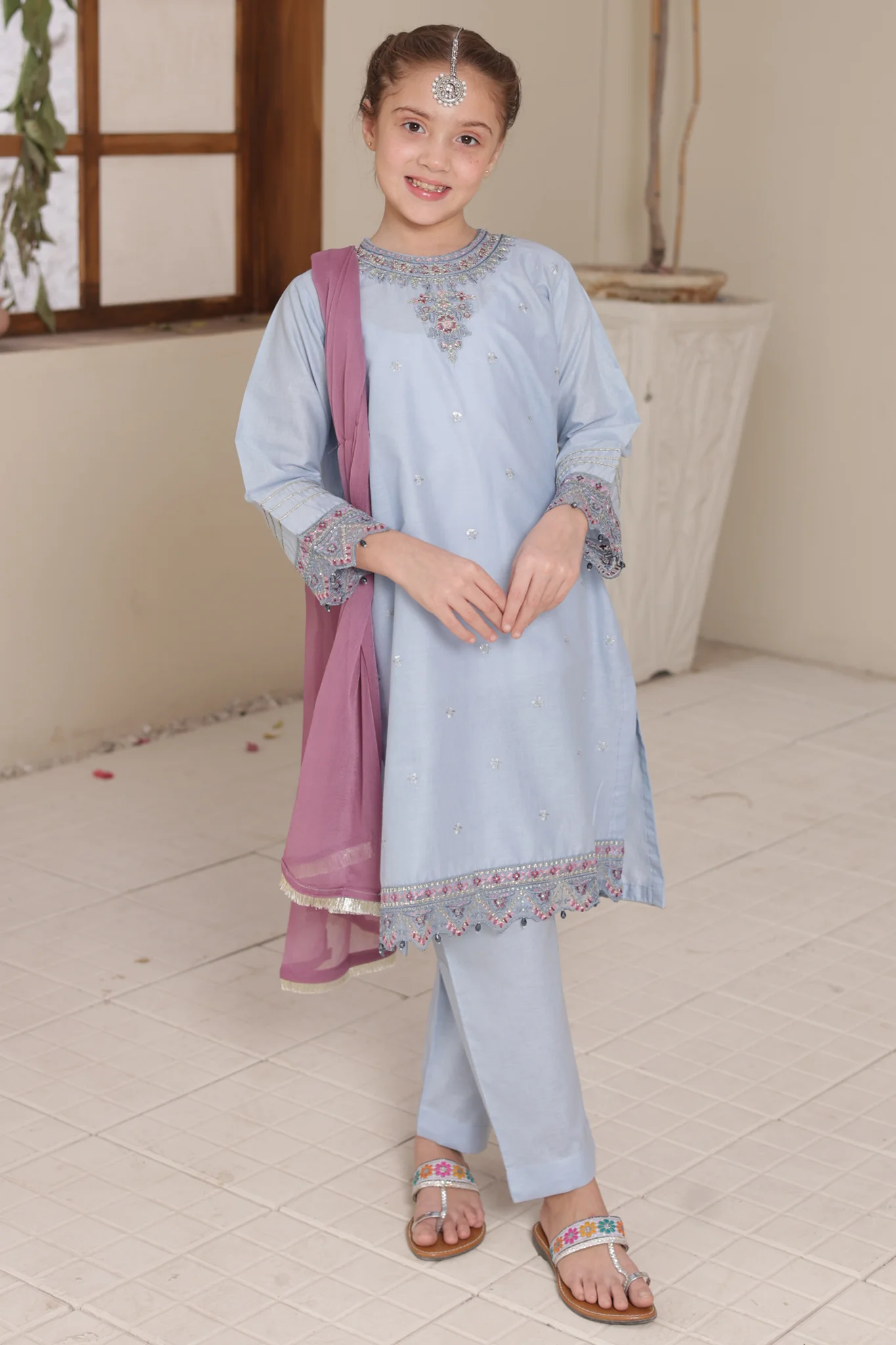 Nat Khat Guriya By Shanzey Stitched 3 Piece Cotton Suit-SHK-5605-Sky - Image 3