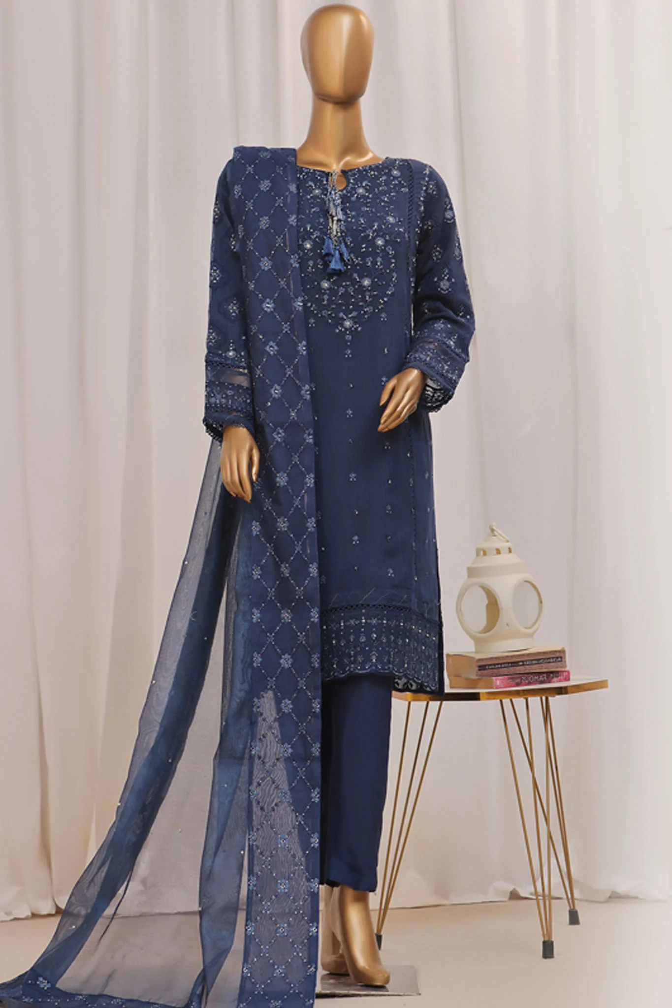 Sheer By HZ Stitched 3 Piece Formals Khaddi Net Suit-HZK-192-Navy Blue