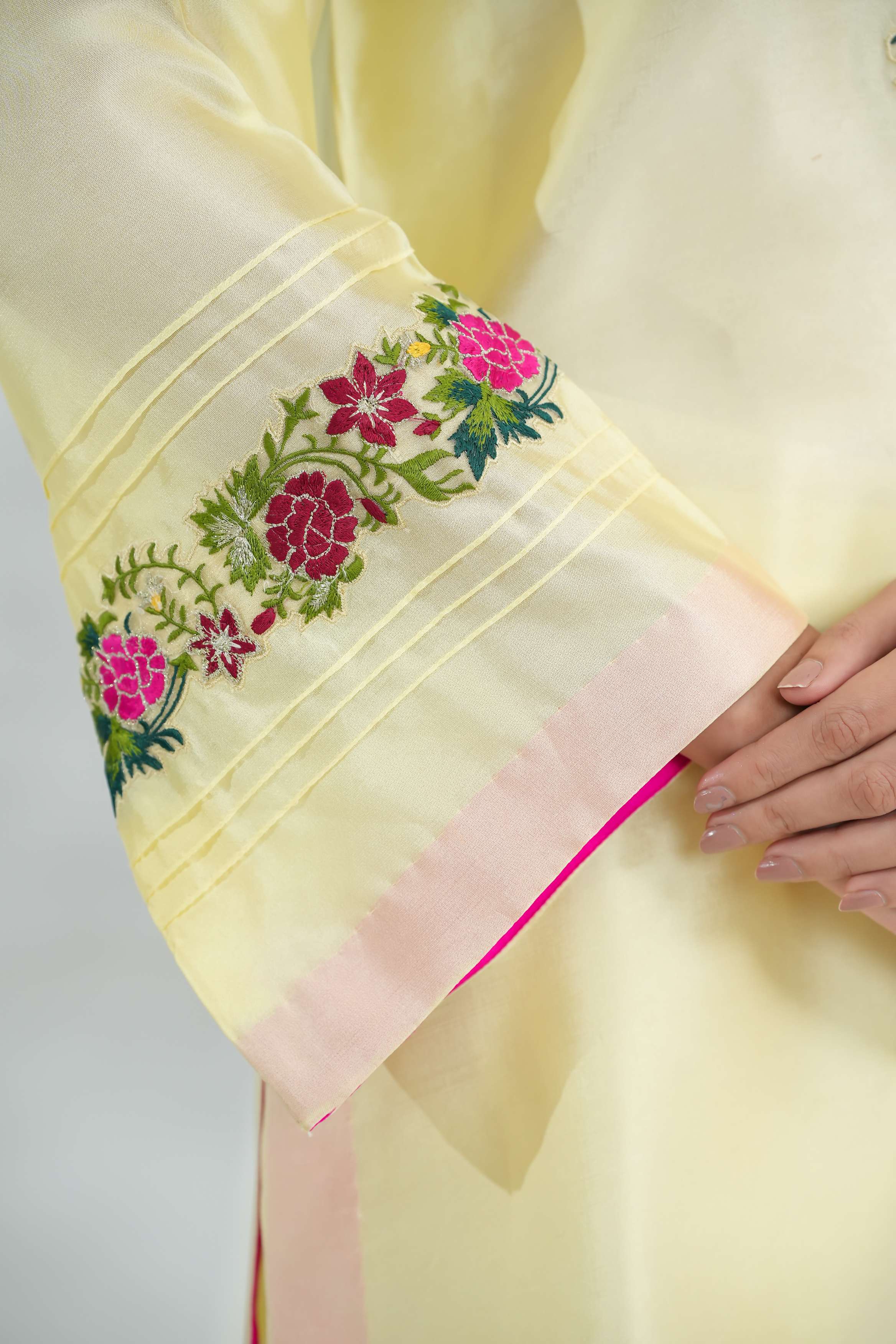 Silcot Stitched 2 Piece Silk Collection-Lemon blossom Silk Ensemble - Image 4