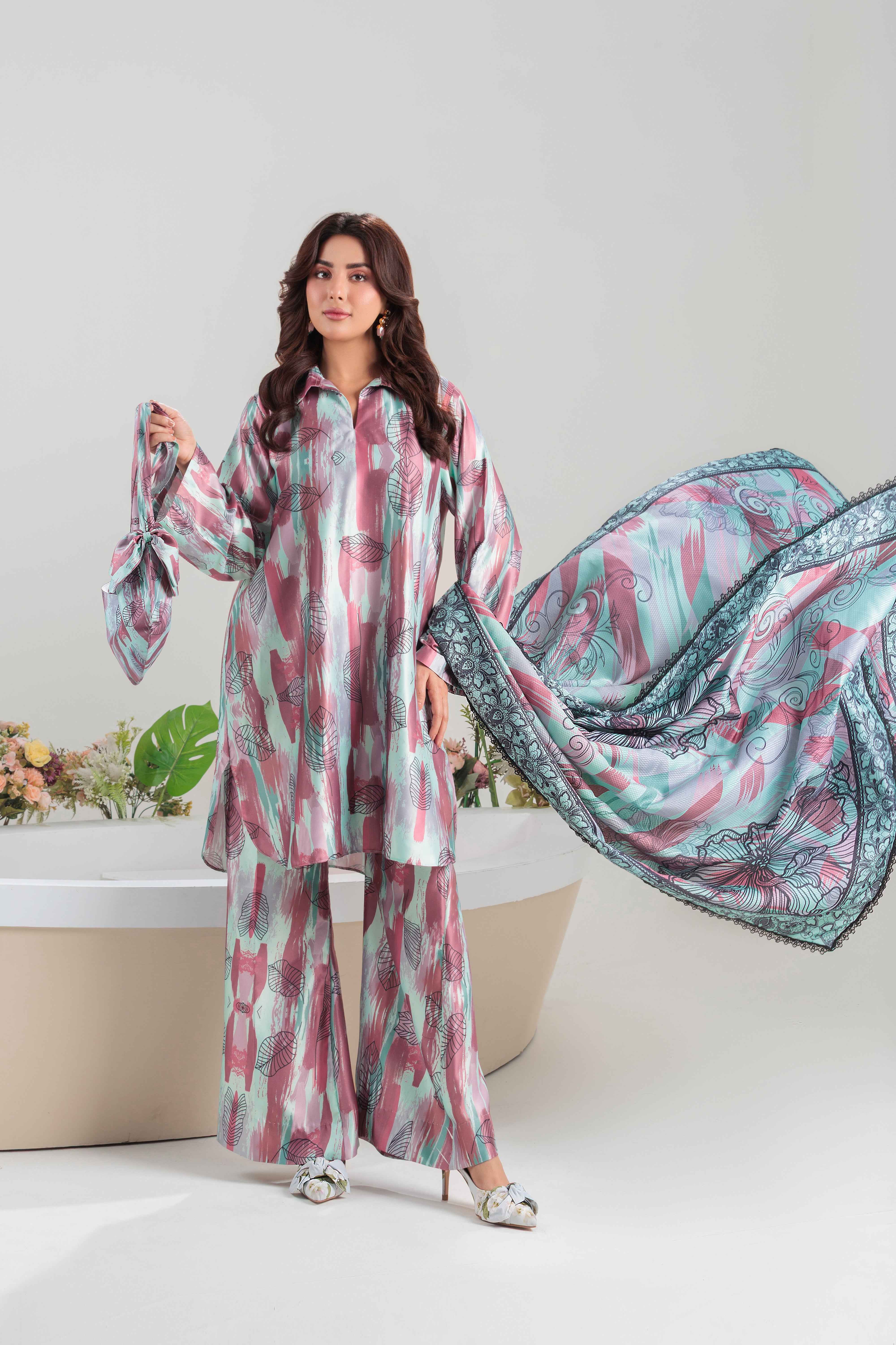 Vibrant Aura By Huma Gul Unstitched 3 Piece Satin Silk Edit Suit-Silvara HG-202 - Image 4