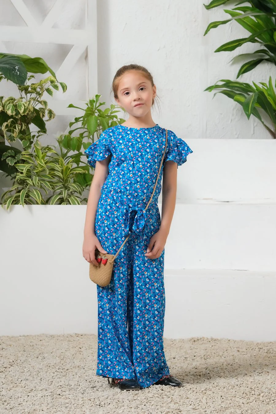 Sprinkles Stitched 1 Piece Summer Jumpsuit Kids Suit-Sky Petal Allover Floral Print Ruffle Trim Belted Jumpsuit