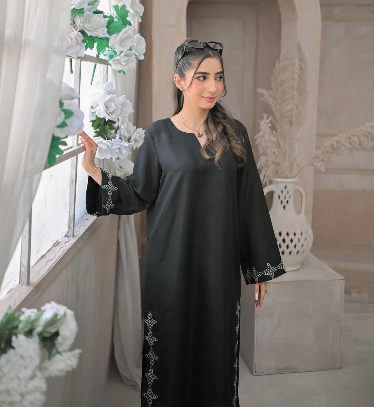 Zauk Stitched 2 Piece Eid Collection-Smoky Black Embroidered Two Piece Dress - Image 4