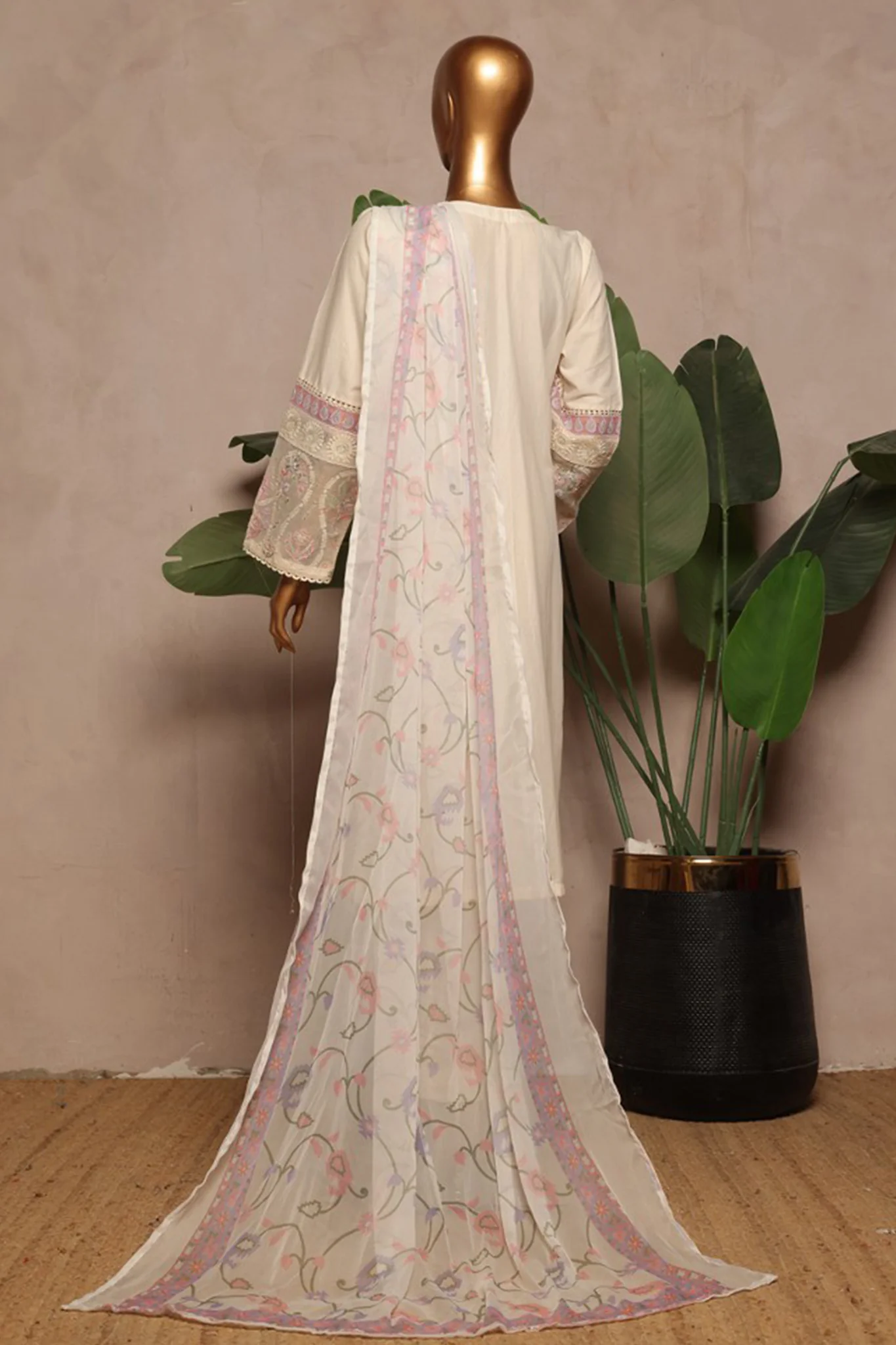 Bin Saeed Stitched 3 Piece Luxury Plain Cotton With Chiffon Dupatta Suit-SMPC-1871-White - Image 3
