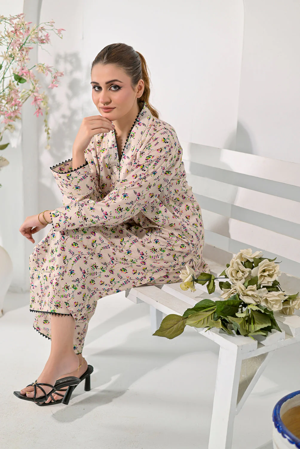 Silcot Stitched Summer Suit-Soft Beige Garden Kurta Set - Image 3