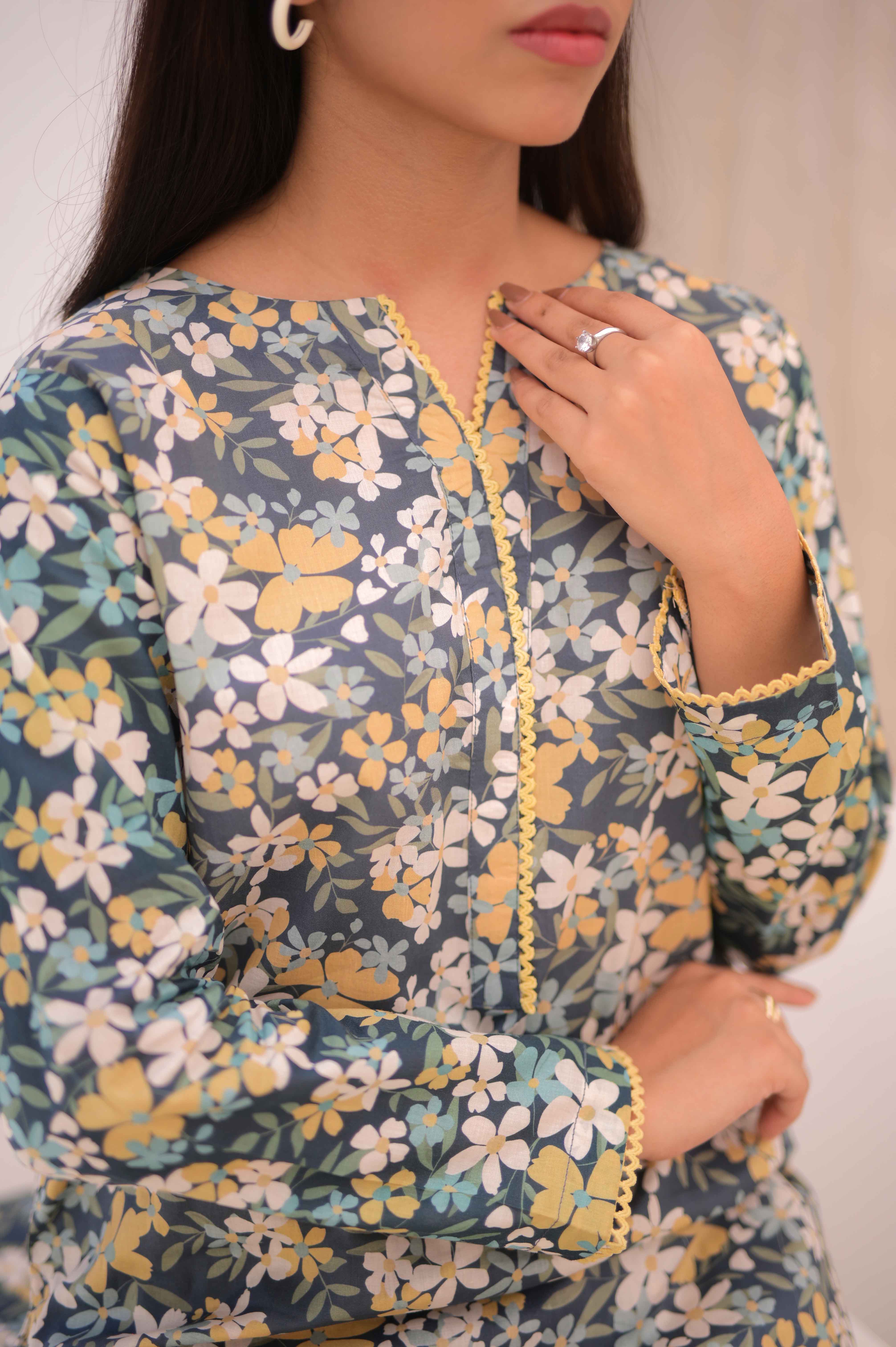 Noor E Gul By Tehzeeb Threads Floral Collection-Soft Lawn Stitched 2 Piece (Shirt/Trouser)-TF-12 - Image 4