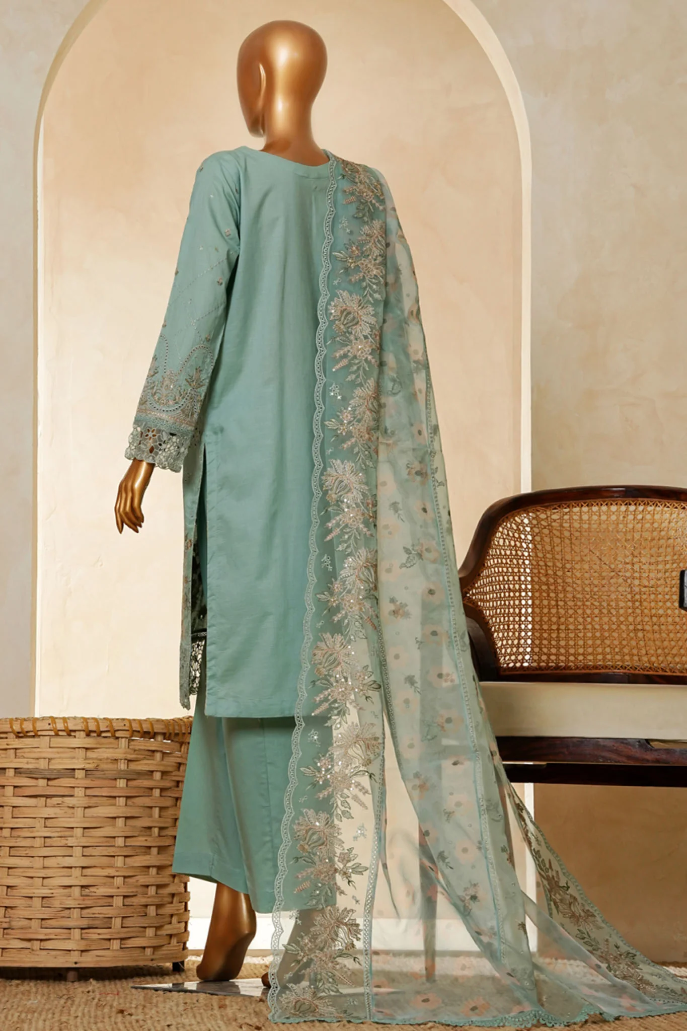 Muse By HZ Stitched 3 Piece Emb Cotton Slub Vol-03 Suit-SSE-203-Aqua - Image 3