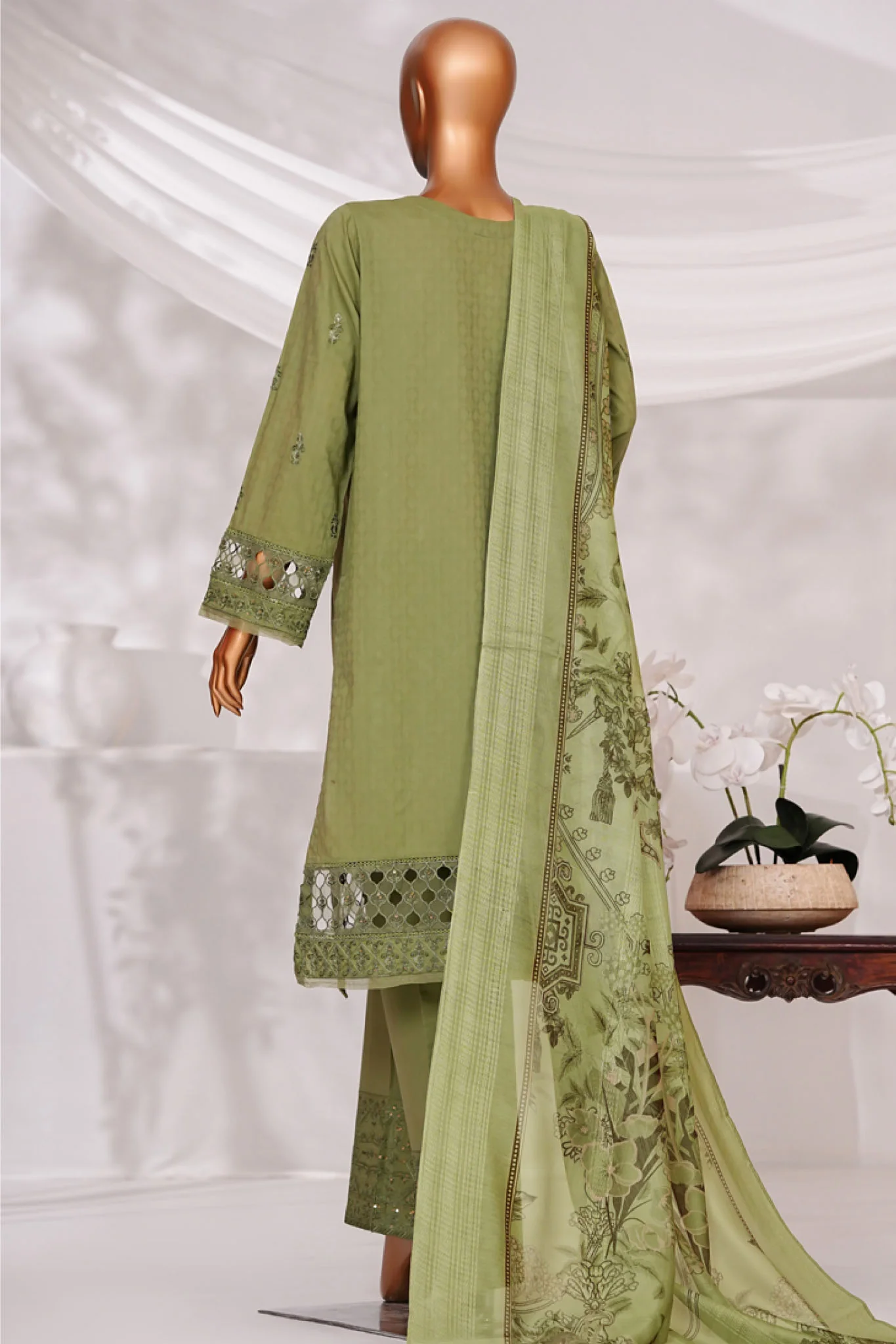 Muse By HZ Stitched 3 Piece Emb Self Cotton Jacquard Vol-05 Suit-SSJ-2505-Leaf Green - Image 3