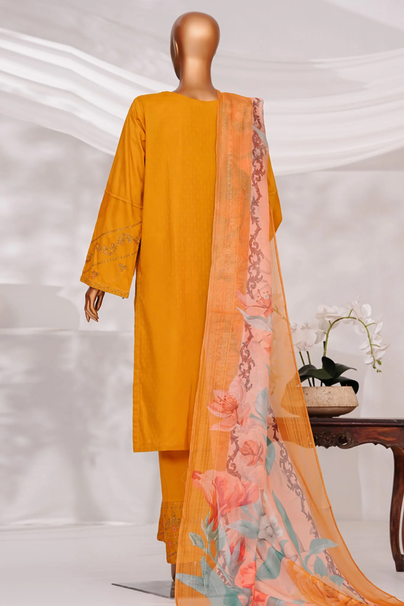 Muse By HZ Stitched 3 Piece Emb Self Cotton Jacquard Vol-05 Suit-SSJ-2506-Mustard - Image 3