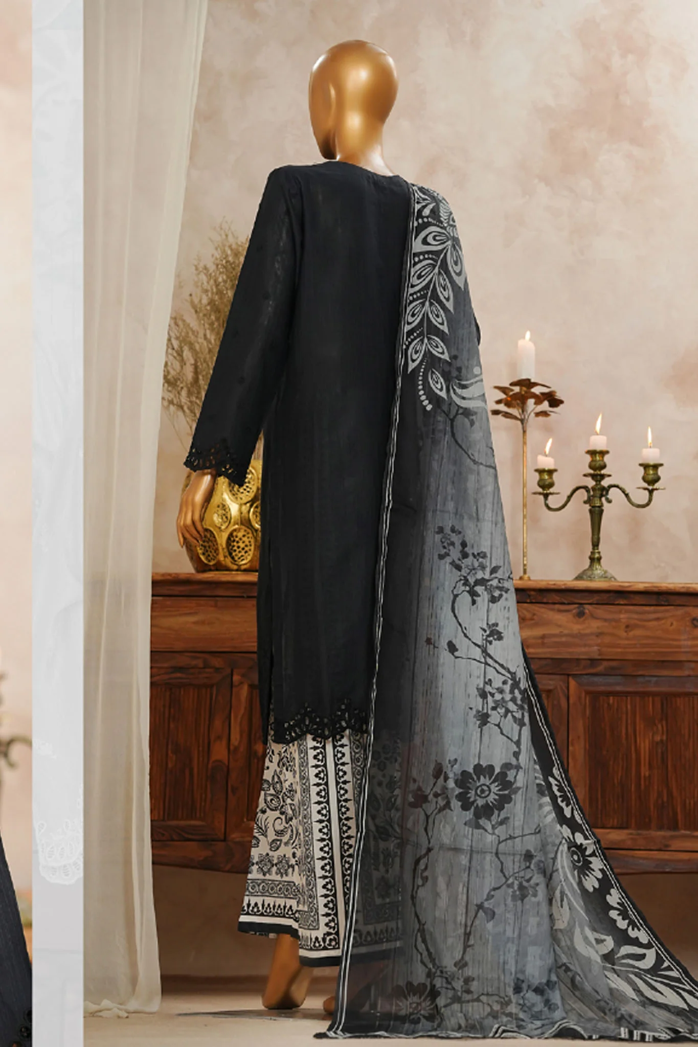HZ Stitched 3 Piece Solid Emb Chikankari Suit-SSPE-3P-001-BLACK - Image 3
