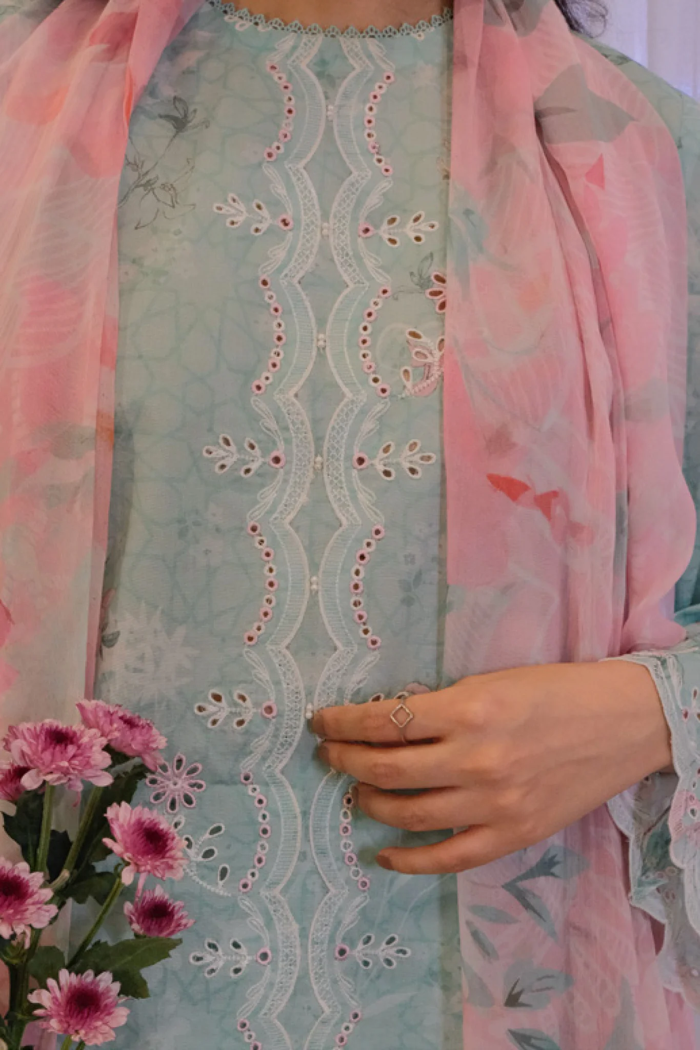 Nura By Sahar Stitched 3 Piece Emb Lawn Vol-02 Suit-SSPN-MA-04-Rosemint Bloom - Image 2