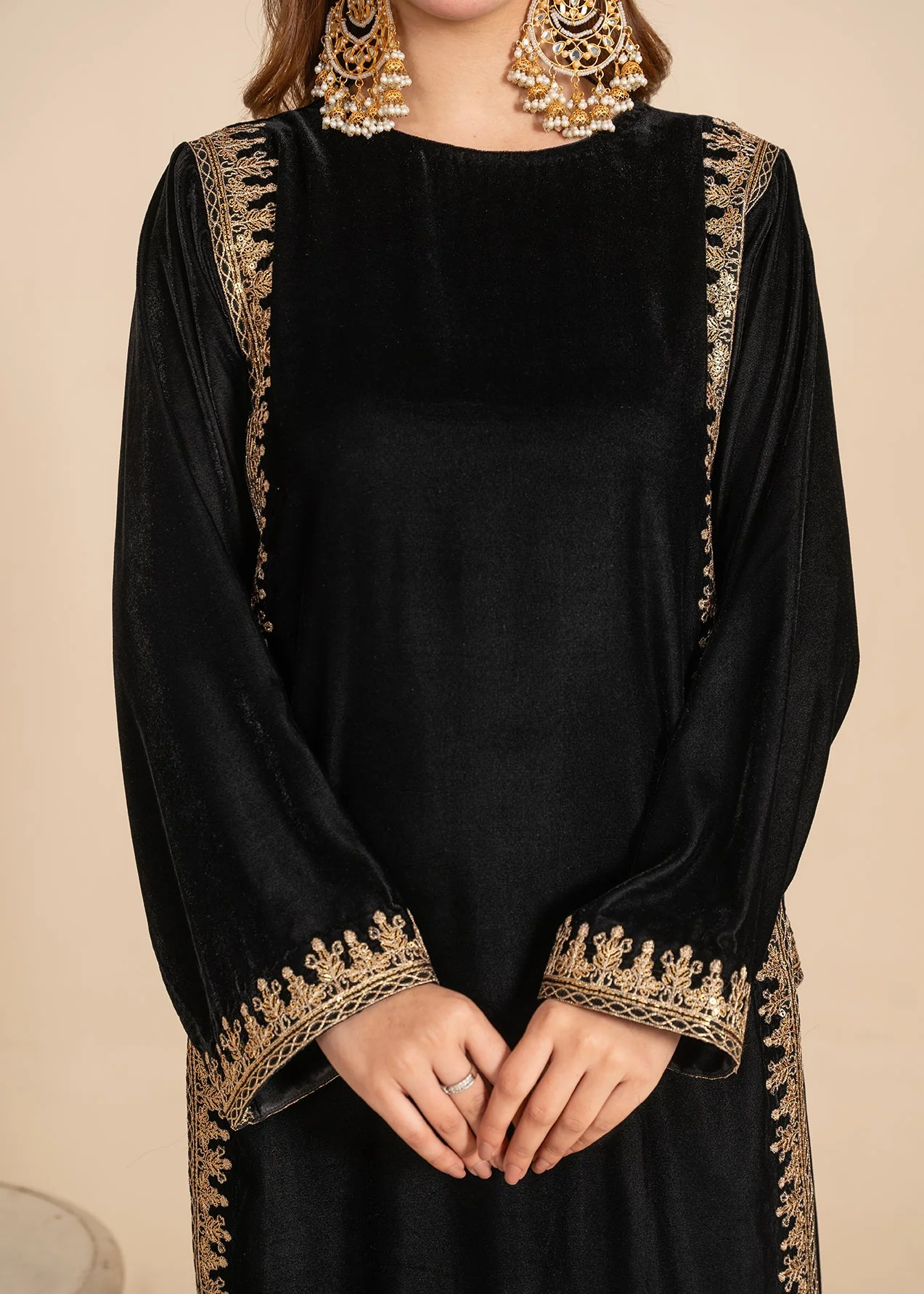 Luxe A Velvet Affair By Stitch Vibes Stitched Winter Suit-Stillness Black Velvet Dress - Image 5