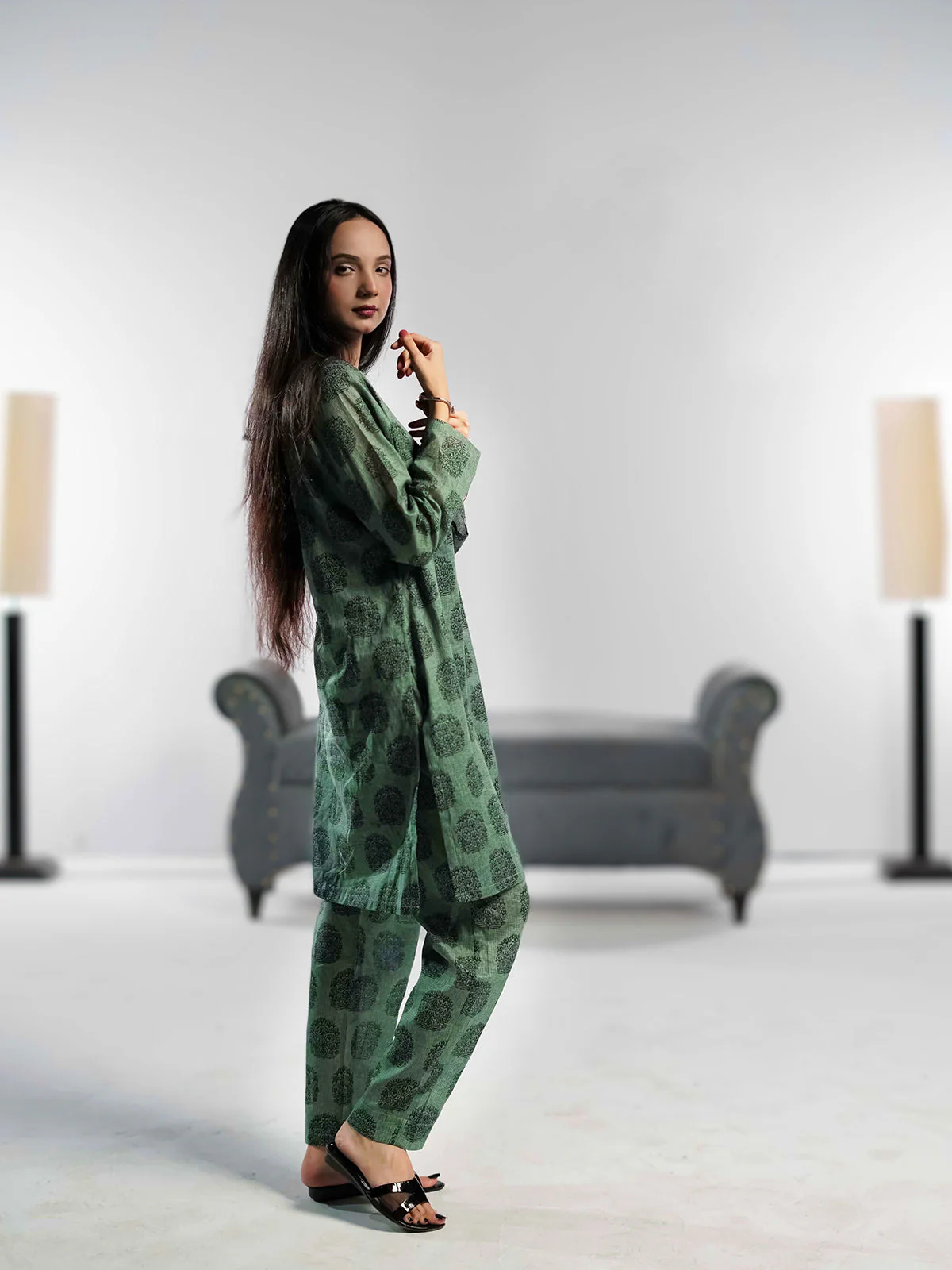 Ahlam Soft Cambric Stitched-Stone pine Co-ord set Suit - Image 3