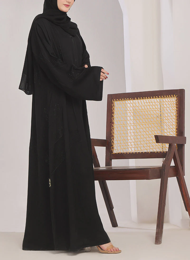 Hijab Ul Hareem Stone Work Front Open Black Abaya - 0116-RC-1020 - Image 3