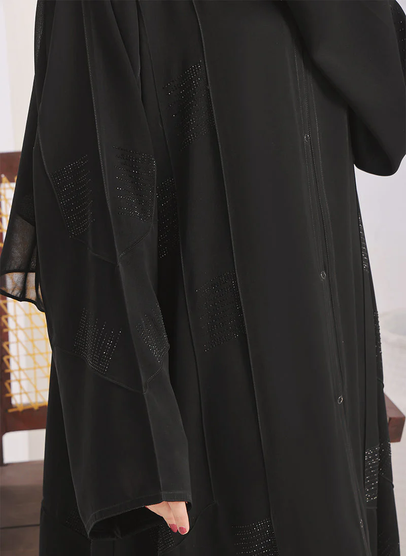 Hijab Ul Hareem Stone Work Front Open Black Abaya - 0116-RC-1020 - Image 5
