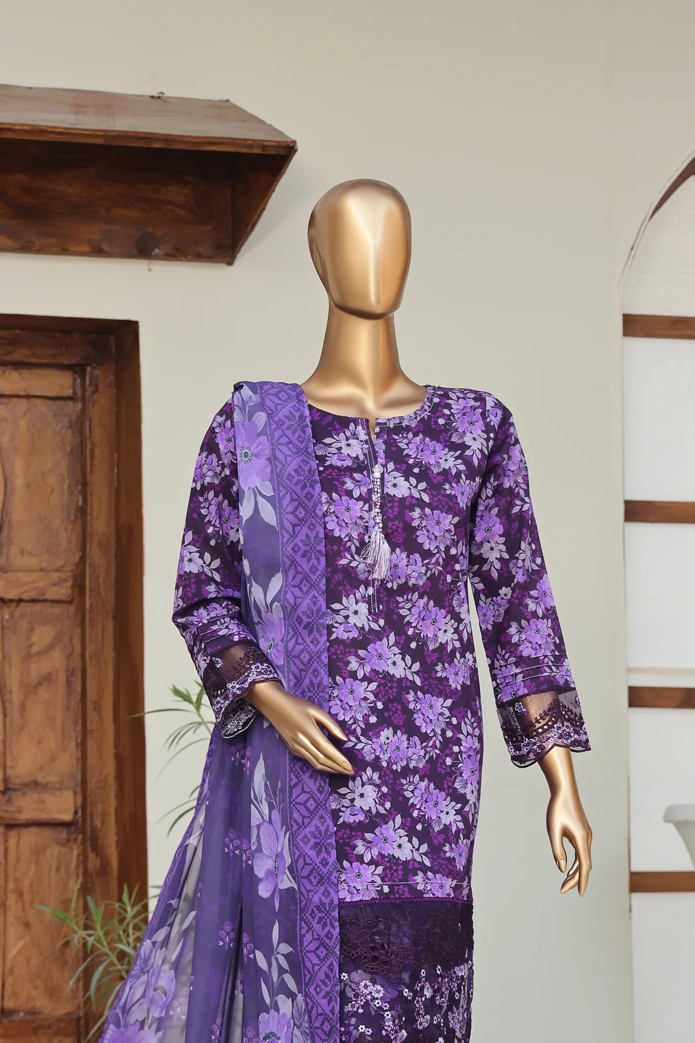 Sumi Stitched 3 Piece Embroidered & Printed Suit-CPE-02-Purple - Image 2