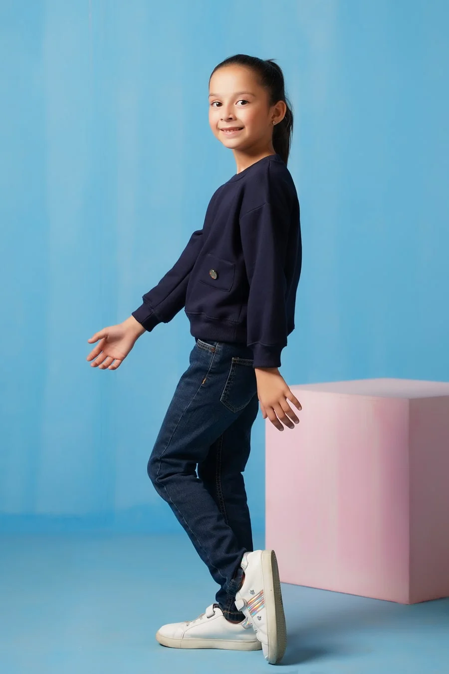 Sprinkles Stitched 2 Piece Winter Co Ord Sets Kids Suit-Sweatshirt With Flap - Navy Blue - Image 6