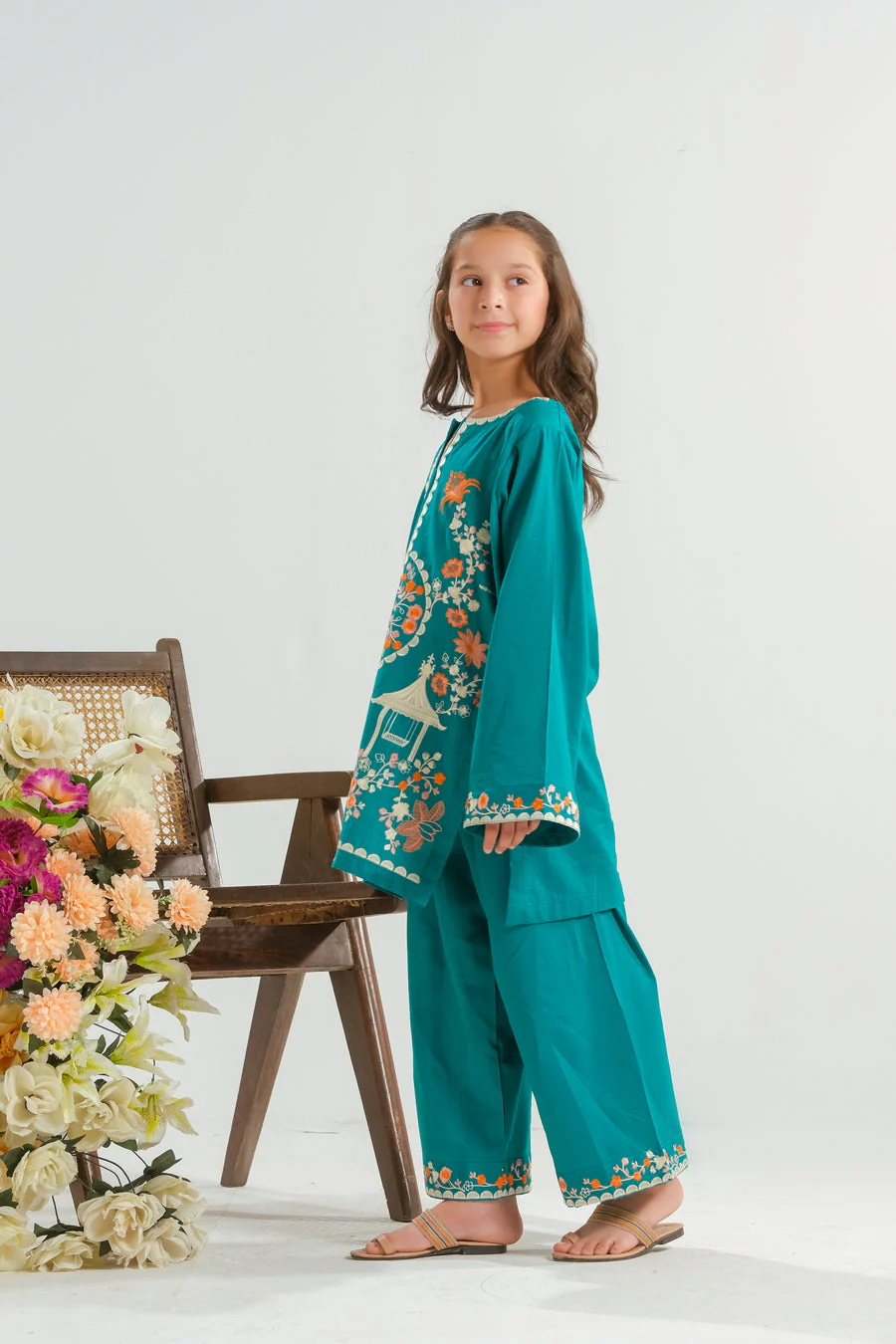 Sprinkles Stitched 2 Piece Summer Co Ord Sets Kids Suit-Teal Garden Bloom - 2pcs - Embroidered - Image 3