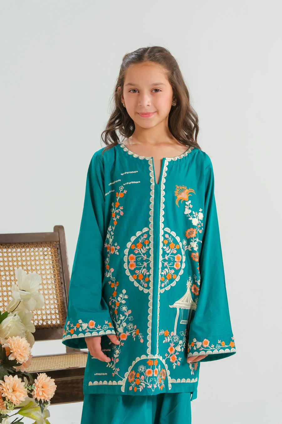 Sprinkles Stitched 2 Piece Summer Co Ord Sets Kids Suit-Teal Garden Bloom - 2pcs - Embroidered - Image 5
