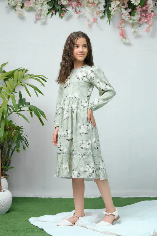 Sprinkles Stitched 1 Piece Summer Shirts Kids Suit-The Duo Green White Flover Print Full Sleeve Tunic Dress - Image 4