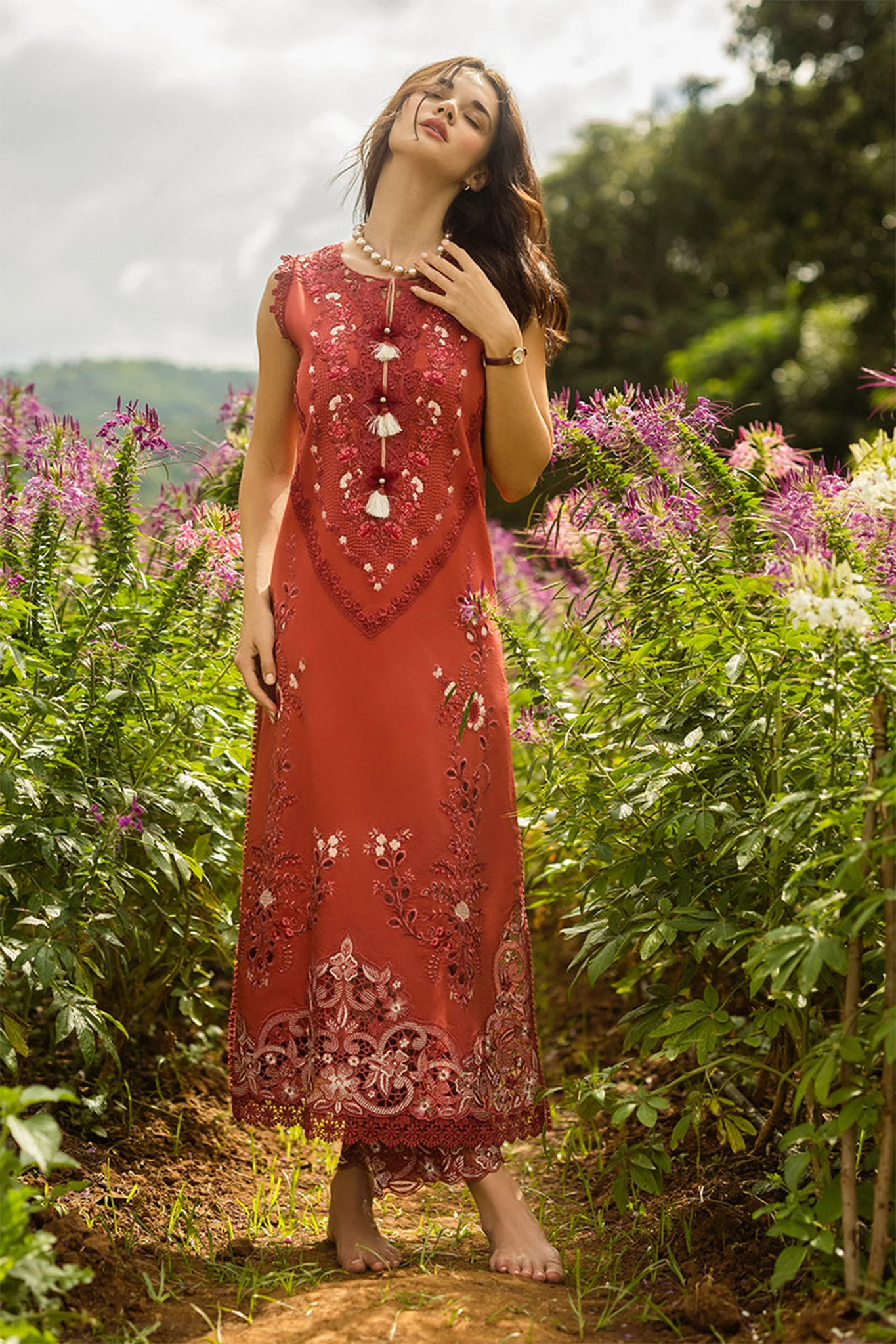 The Secret Garden Hemline By Mushq Unstitched 3 Piece Summer Suit-03-B-Dewdrop Garden - Image 4