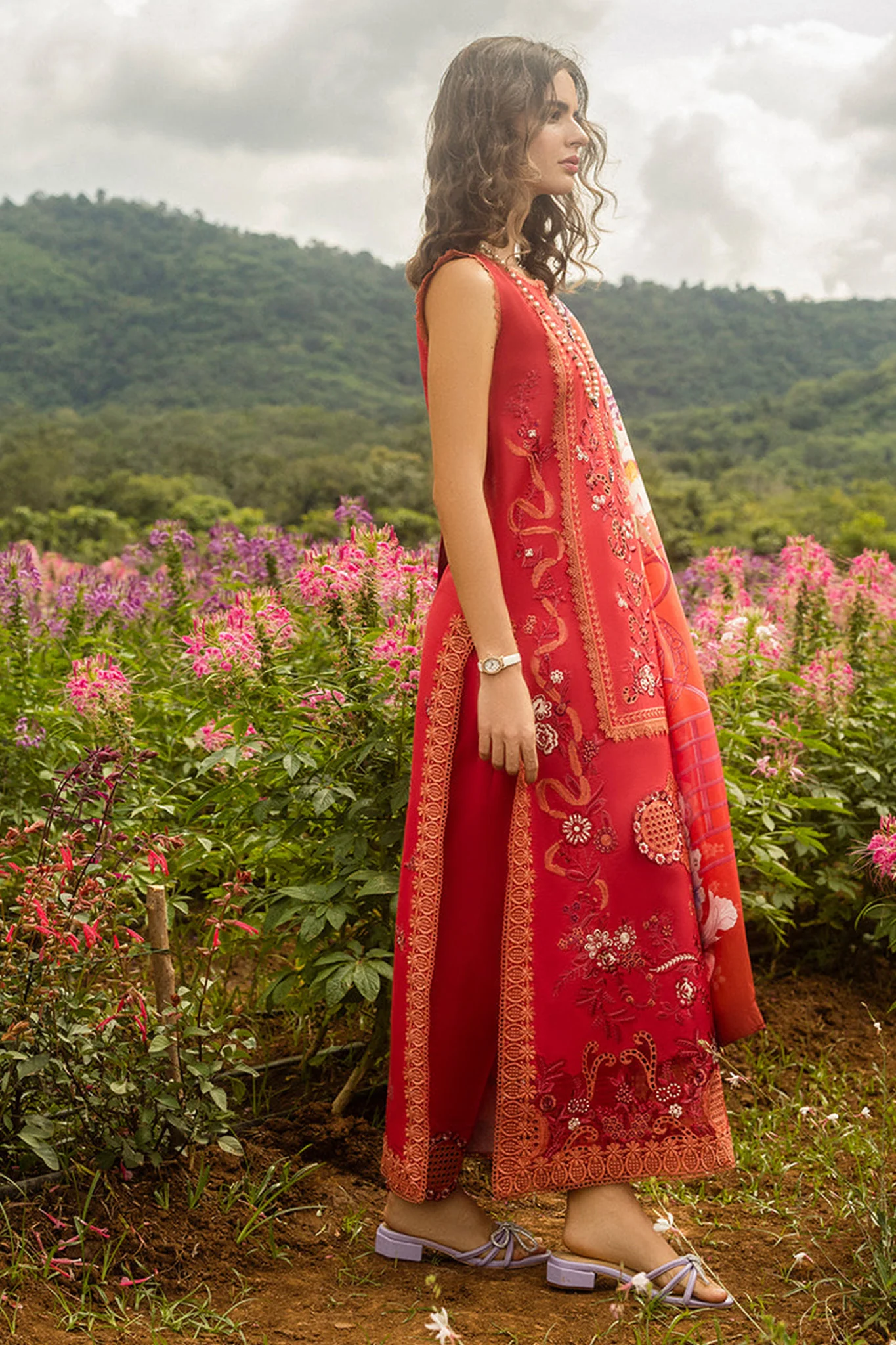 The Secret Garden Hemline By Mushq Unstitched 3 Piece Summer Suit-04-B-Wanderlust Blooms - Image 3