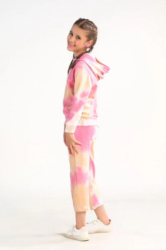 Sprinkles Stitched 2 Piece Winter Co Ord Sets Kids Suit-Tie Die Hoodie With Jogger Pants - Peachy Orange - Image 6