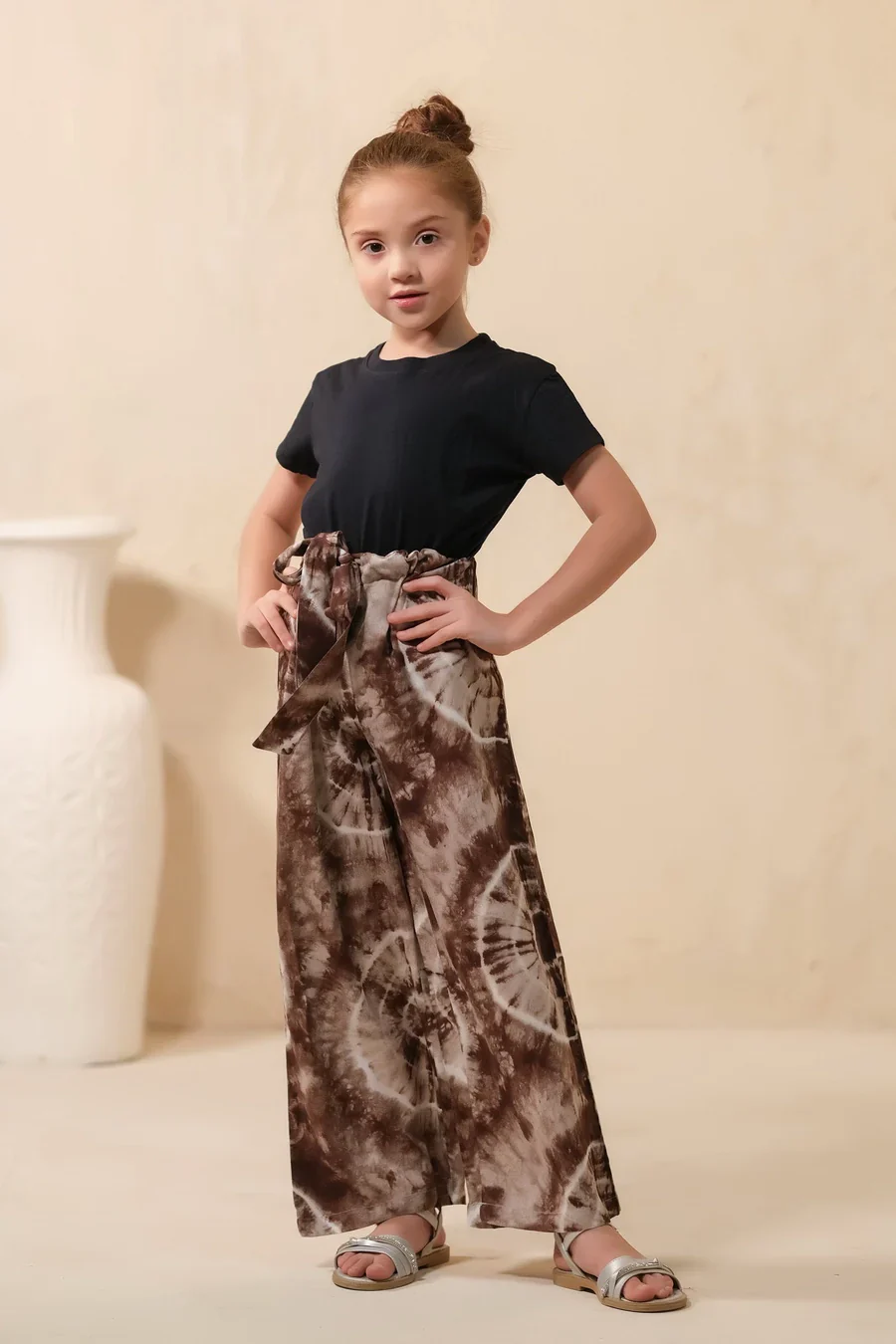 Sprinkles Stitched 1 Piece Summer Bottoms Kids Suit-Tie Dye Slash Brown Flare Wide Leg Trouser