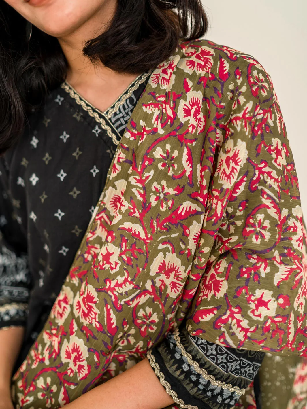 Tng By Md Stole Collection-Orchid Floral Stole | Olive | Double Sided - Image 6